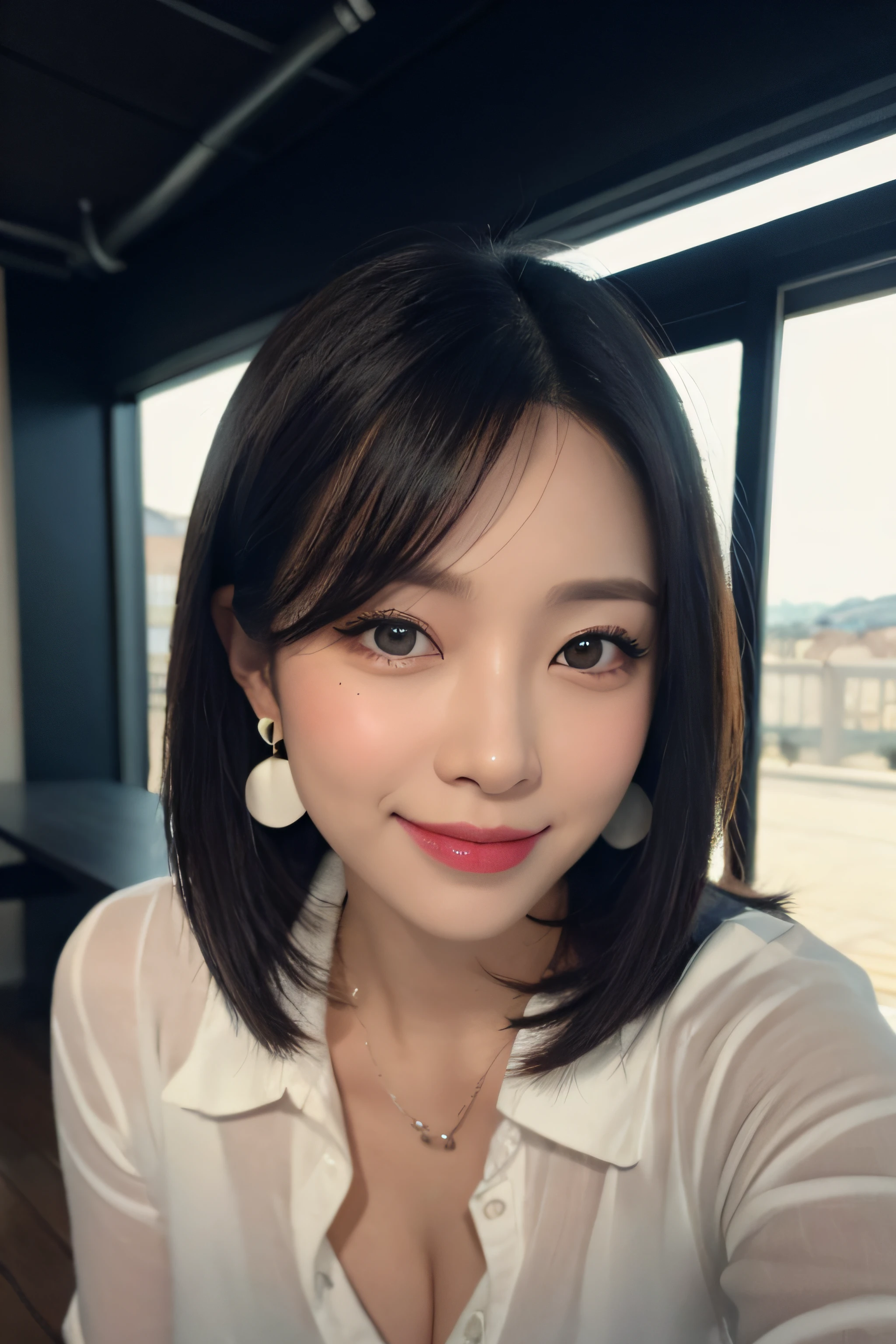 black hair, hair bobbles, longeyelashes, solid circle eyes, light smile, mole under eye, heart earrings, light smile, shy, puckered lips, Surrealism, drop shadow, stereogram, pov, atmospheric perspective, depth of field, first-person view, f/1.8, 8k, super detail, ccurate, best quality, highres, best quality,full body