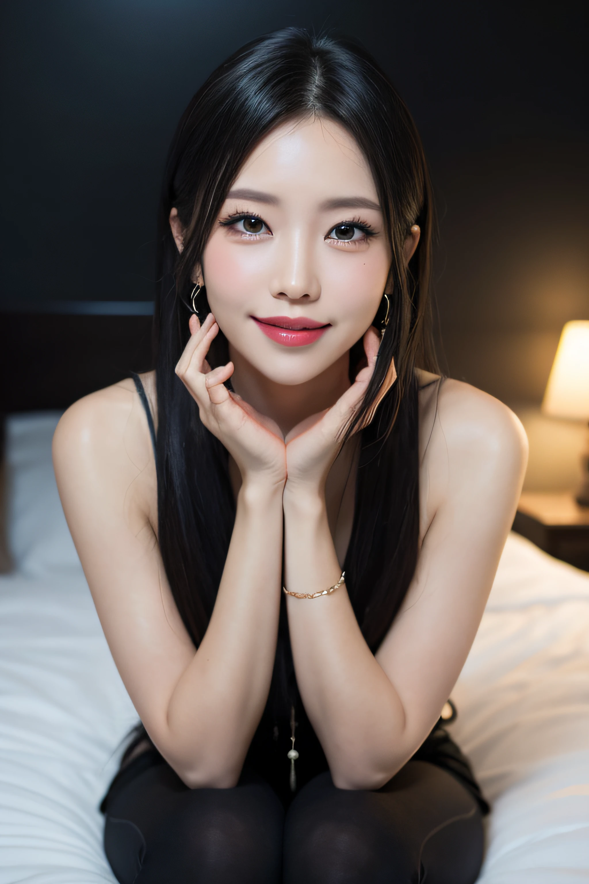 black hair, hair bobbles, longeyelashes, solid circle eyes, light smile, mole under eye, heart earrings, light smile, shy, puckered lips, Surrealism, drop shadow, stereogram, pov, atmospheric perspective, depth of field, first-person view, f/1.8, 8k, super detail, ccurate, best quality, highres, best quality,full body