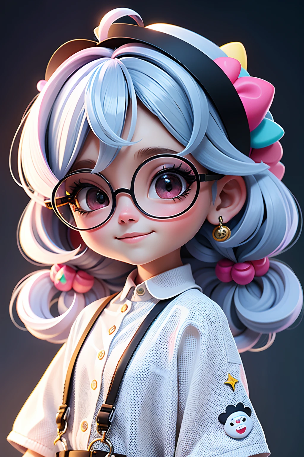 Loli Menina, cabelo mesclado, preso, modern accessories , Eyeglasses, olhos delicados e detalhados, sorriso delicado e detalhados, opalescente, Perolescente, Holographic, fundo escuro