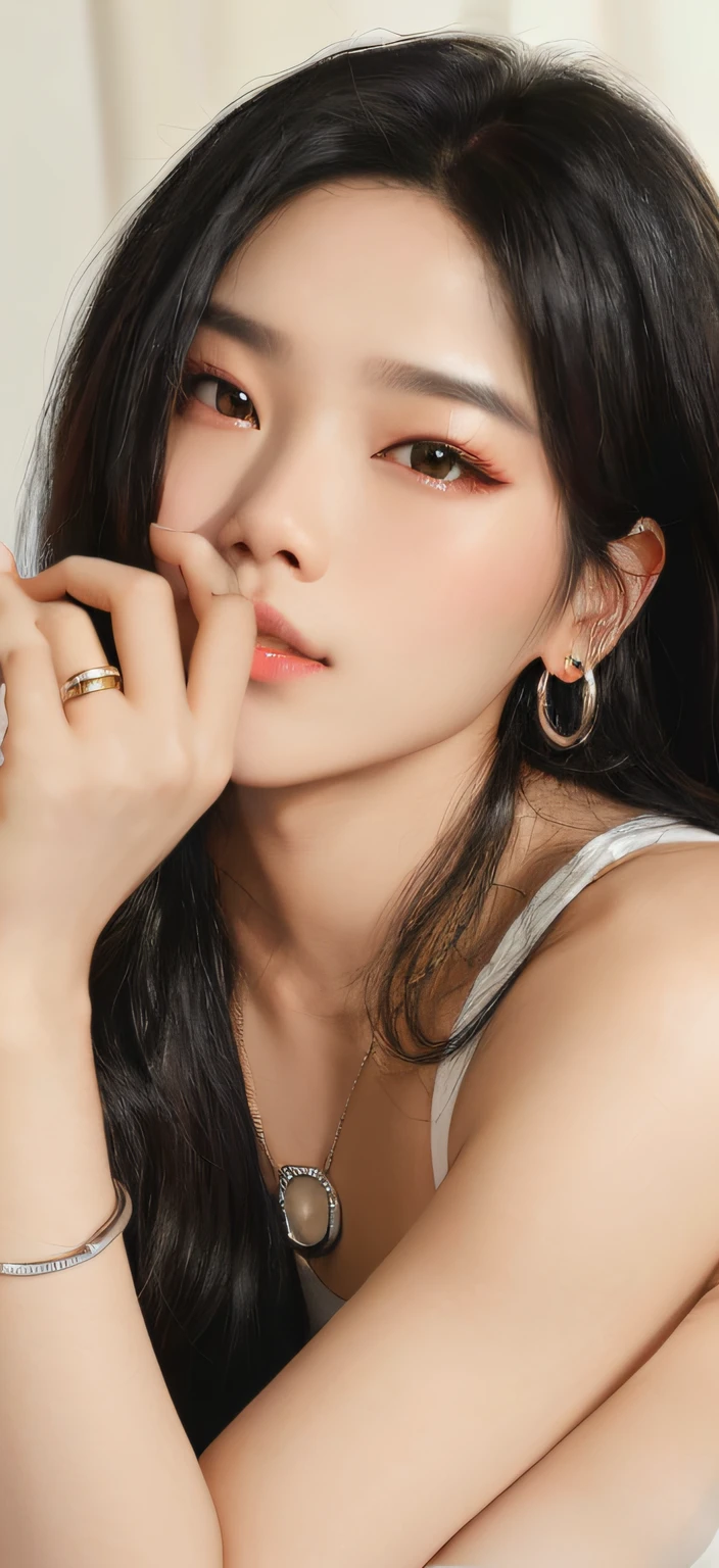 Arakfi Asian woman,Long black hair and white vest, Shin Jinying, portrait jisoo blackpink, close - up studio photo, portrait of jossi of blackpink, Lee Ji-eun, lee ji eun, earring, Kim Do-young, bae suzy, Choi Hyun-hwa, portrait of female korean idol, jaeyeon nam, silver earring