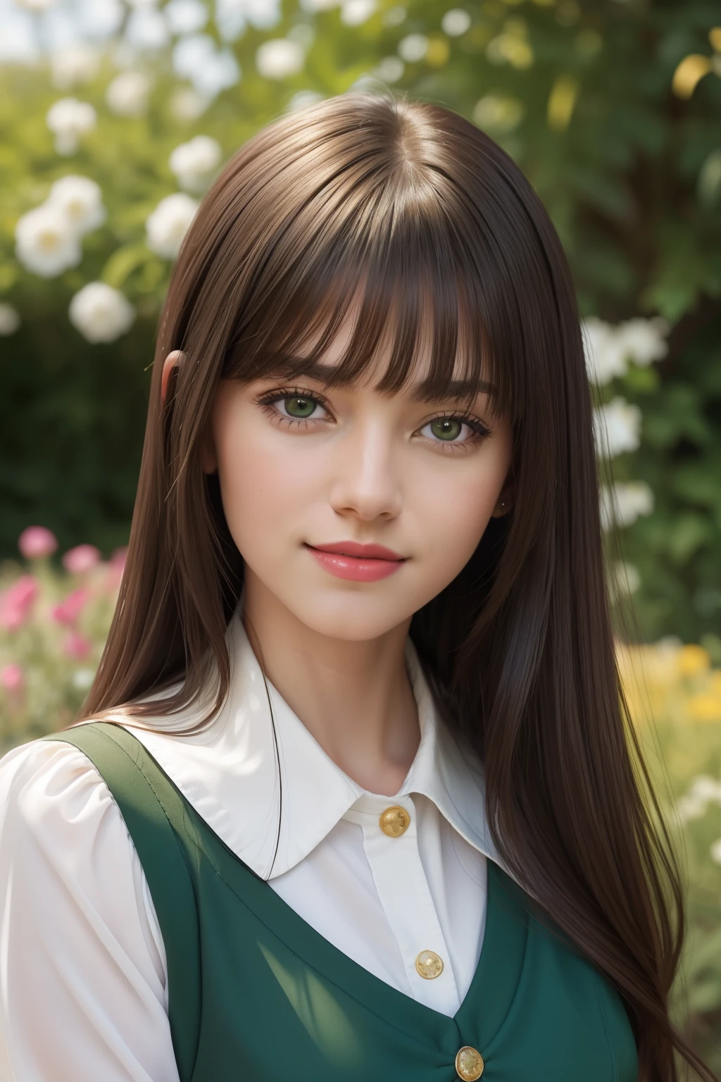 portrait of besutiful woman, in a garden, smile portrait, less striking features, intricate details, calm composition, tension, less contrast, texture, realism, high-quality rendering, stunning art, high quality, film grain, Fujifilm XT3, detailed skin, ((long pure dark hair)), ((gold eyes)), ((18 year old)), ((front bangs hair)), ((green school uniform)), ((royal look)), ((British female)), smirk, red lips