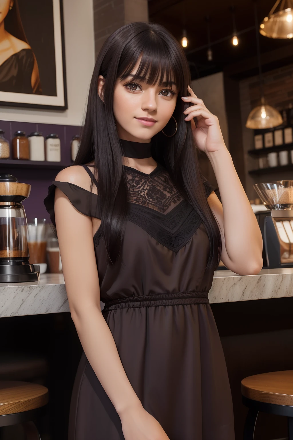 portrait of besutiful woman, in true coffee shop, smile portrait, less striking features, intricate details, dramatic composition, tension, less contrast, texture, realism, high-quality rendering, stunning art, high quality, film grain, Fujifilm XT3, detailed skin, ((long pure black hair)), ((dark purple eyes)), ((18 year old)), ((front bangs hair)), ((brown dress))