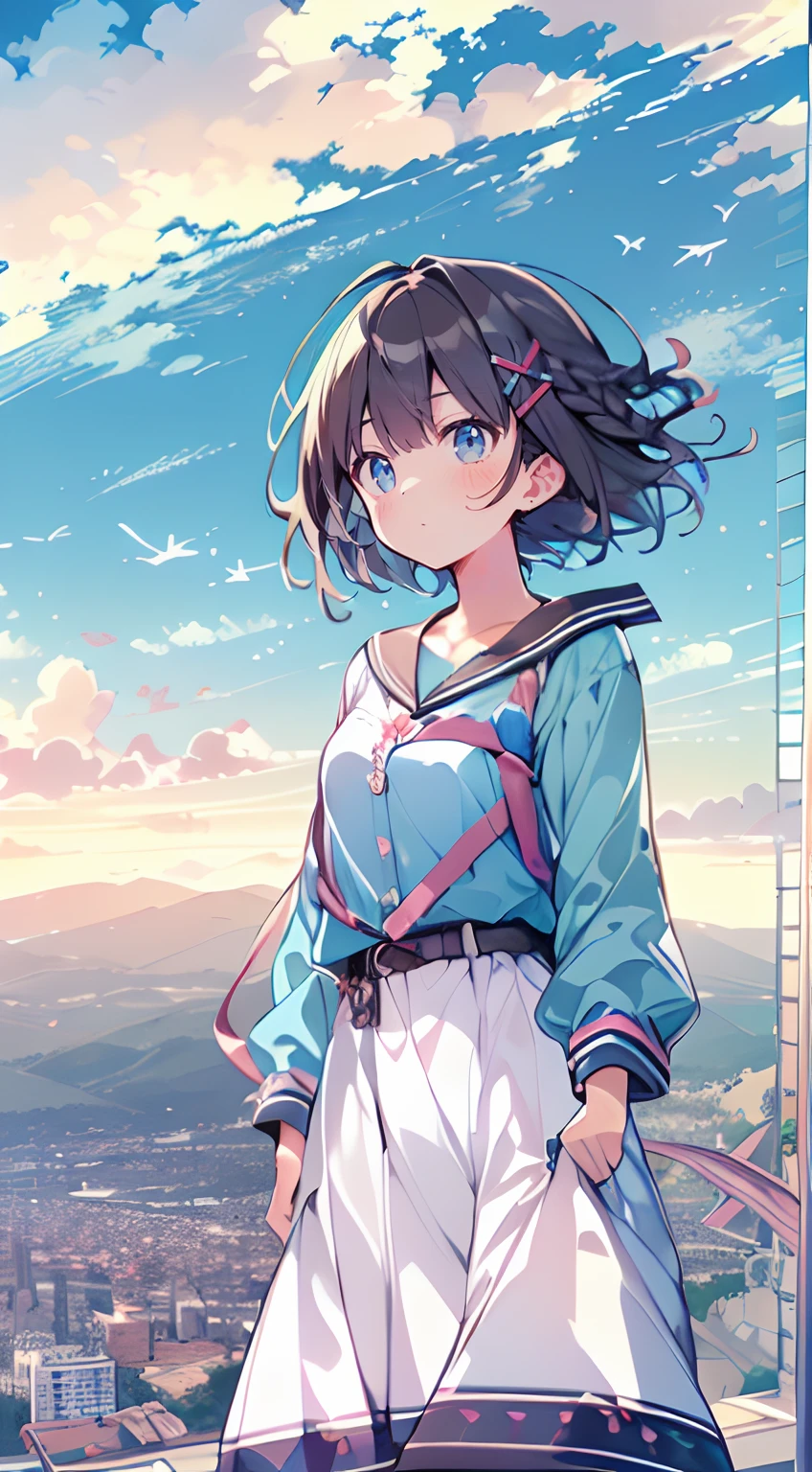 masutepiece, Best Quality,Illustration, Wallpaper, Ultra Detail, Absurd beauty, 1loli、(Medium short hair、short braided hair), Beautiful ultra-detailed eyes , Hair fluttering in the wind、X)))、♡、Smaller head、Beautiful sky、(a panoramic view:1.5)