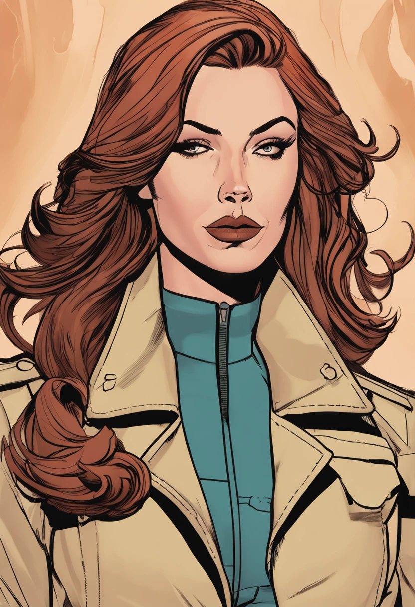 um close up de uma pessoa em um trench coat e jeans, arte oficial do personagem, official character illustration, adam hughes, Closeup da arte do personagem, pesquisadora do sexo feminino, Retrato de corpo inteiro de Jean Grey, arte detalhada do personagem, retrato detalhado do caractere, arte da capa dos quadrinhos de phil noto, Anya, Spy X Family, full-colour illustration, protagonista feminina, Dinah Drake, roupas de detetive