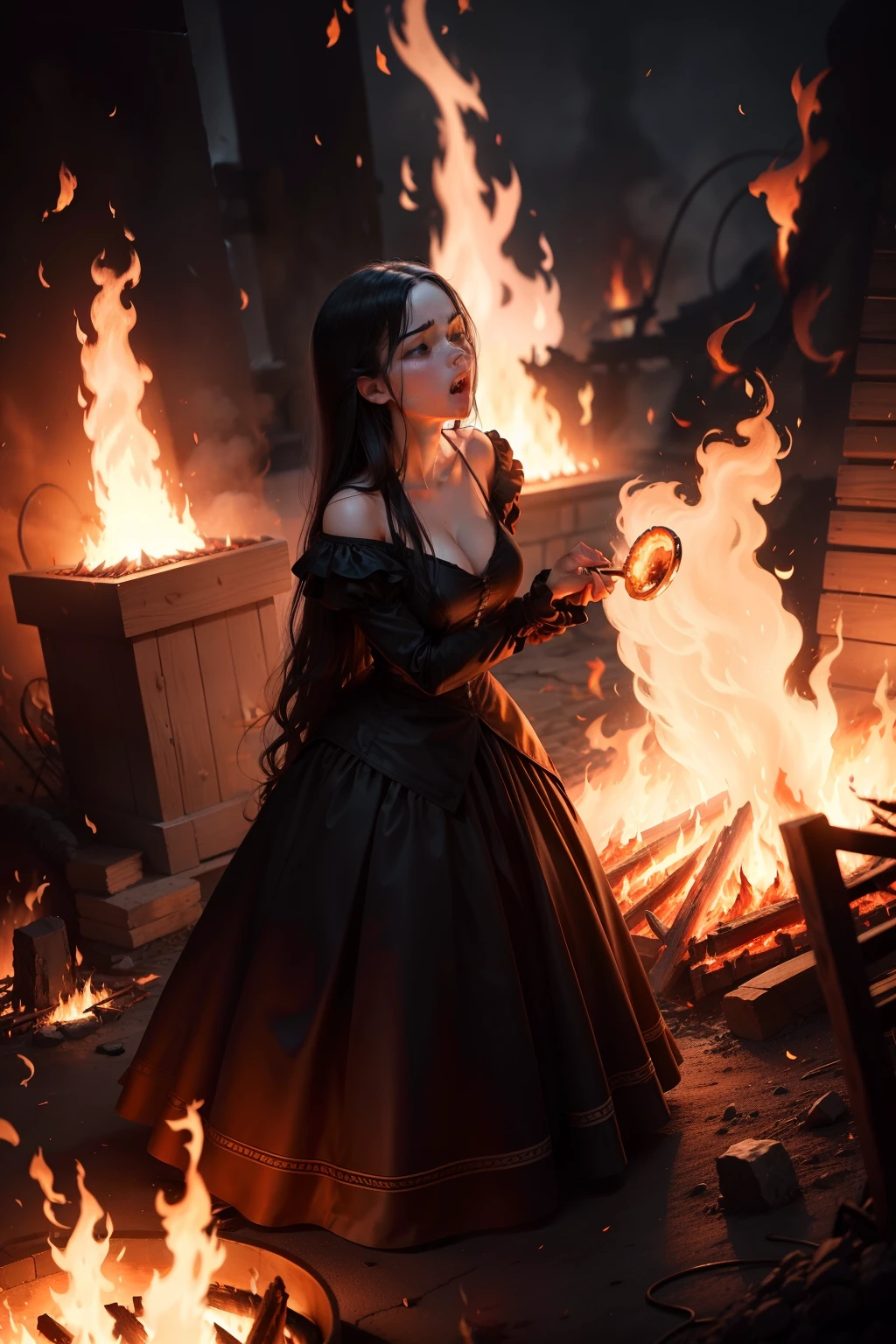 lots of fire, fire, on fire, burning at the stake, a lot of flames, clothing on fire, burning, screaming, long dark hair, black dress, 1600s