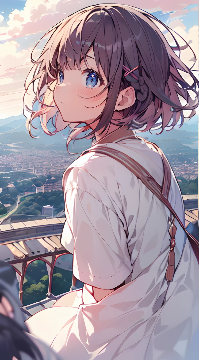 masutepiece, Best Quality,Illustration, Wallpaper, Ultra Detail, Absurd beauty, 1loli、(Medium short hair、short braided hair), Beautiful ultra-detailed eyes , Hair fluttering in the wind、X)))、♡、Smaller head、Beautiful sky、(a panoramic view:1.5)