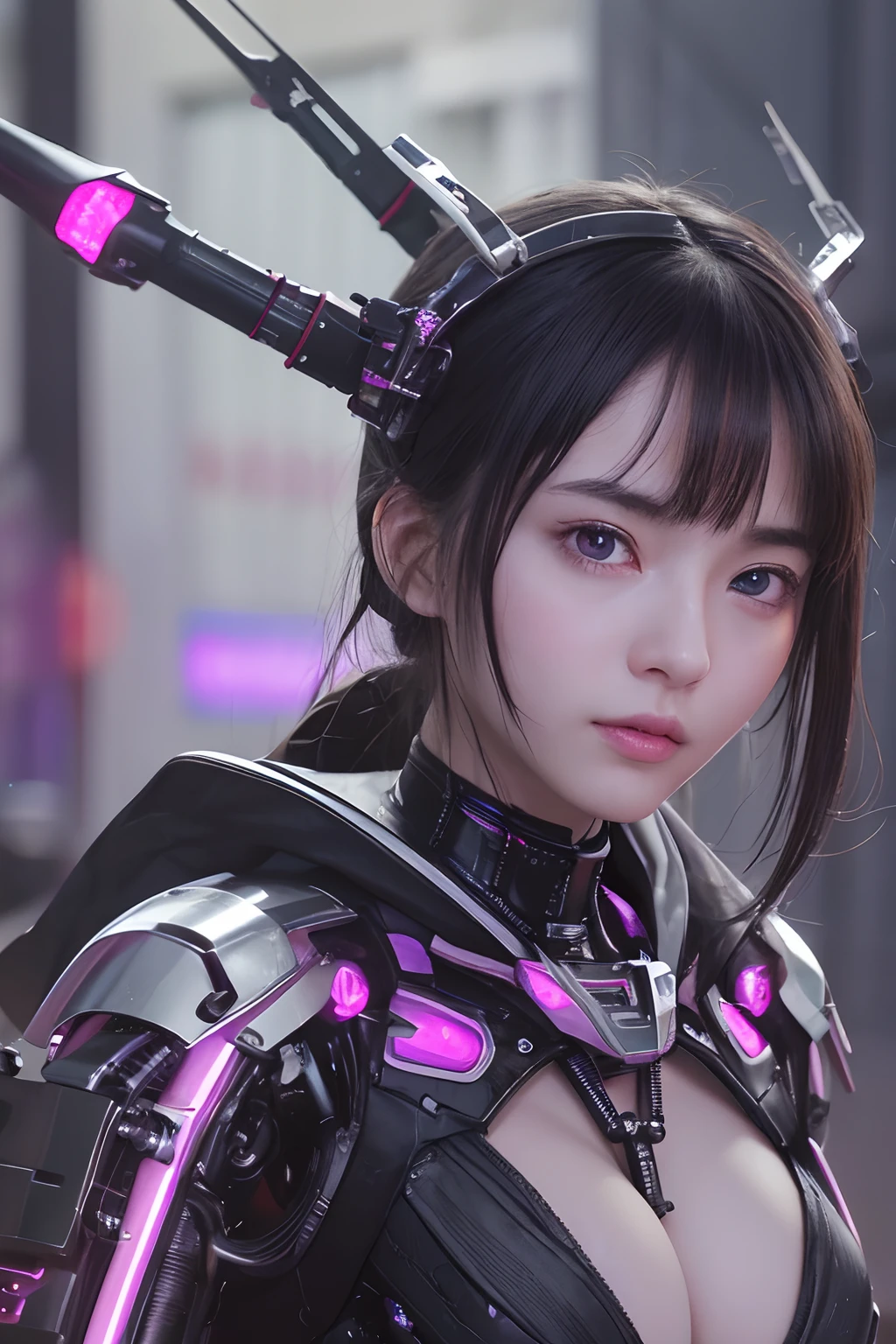 Top Quality, Masterpiece, Ultra High Resolution, (Photorealistic: 1.4), Raw Photo, 1 Girl, Black Hair, Glossy Skin, 1 Mechanical Girl, (Ultra Realistic Detail)), Portrait, Global Illumination, Shadows, Octane Rendering, 8K, Ultra Sharp, Big, Cleavage Exposed Raw Skin, Metal, Intricate Ornament Details, Japan Details, Very intricate details, realistic light, CGSoation trend, purple eyes, glowing eyes, facing the camera, neon details, mechanical limbs, blood vessels connected to the tube, mechanical vertebrae attached to the back, mechanical cervical attachment to the neck, sitting, wires and cables connecting to the head, gundam, small LED lamps,