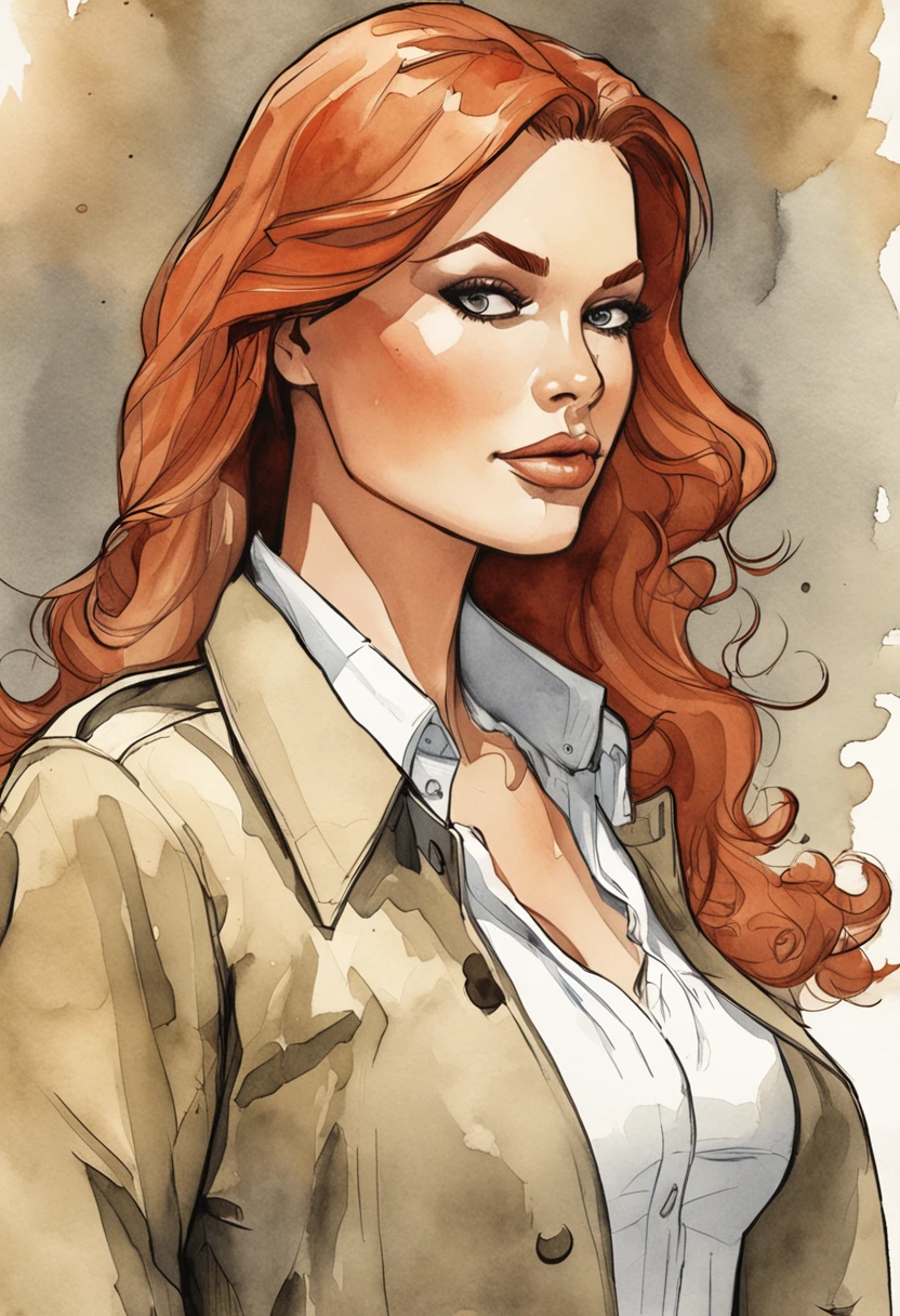 um close up de uma pessoa em um trench coat e jeans, arte oficial do personagem, official character illustration, adam hughes, Closeup da arte do personagem, pesquisadora do sexo feminino, Retrato de corpo inteiro de Jean Grey, arte detalhada do personagem, retrato detalhado do caractere, arte da capa dos quadrinhos de phil noto, Anya, Spy X Family, full-colour illustration, protagonista feminina, Dinah Drake, roupas de detetive