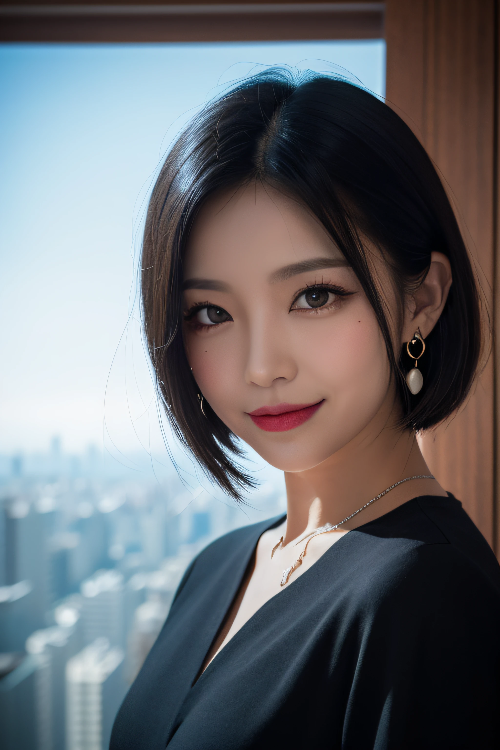 black hair, hair bobbles, longeyelashes, solid circle eyes, light smile, mole under eye, heart earrings, light smile, shy, puckered lips, Surrealism, drop shadow, stereogram, pov, atmospheric perspective, depth of field, first-person view, f/1.8, 8k, super detail, ccurate, best quality, highres, best quality,full body