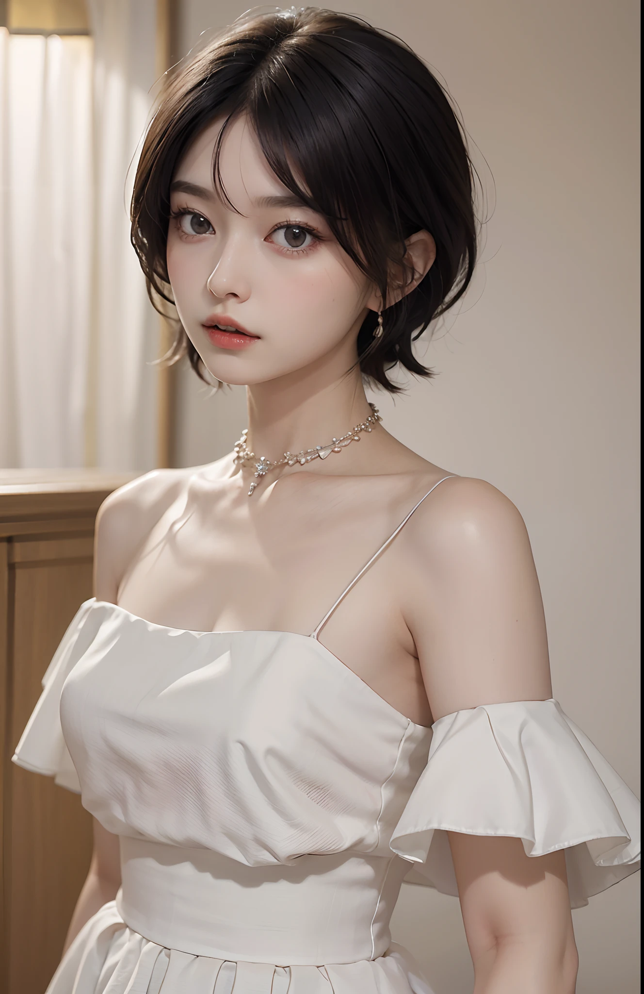 ((top-quality、masterpiece:1.3))、sharp:1.2、Perfect Body Beauty:1.4、((Layered hairstyle))、(White Dress:1.1)、(Luxurious room:1.2)、Highly detailed facial and skin texture、Detailed eye、二重まぶた、((short-length hair))、boyish、Cool、((unisex))、big eye、(a necklace)、bangss、((One Woman))、A bracelet、耳Nipple Ring、Ring、((Eyes are black))、a choker、a necklace、