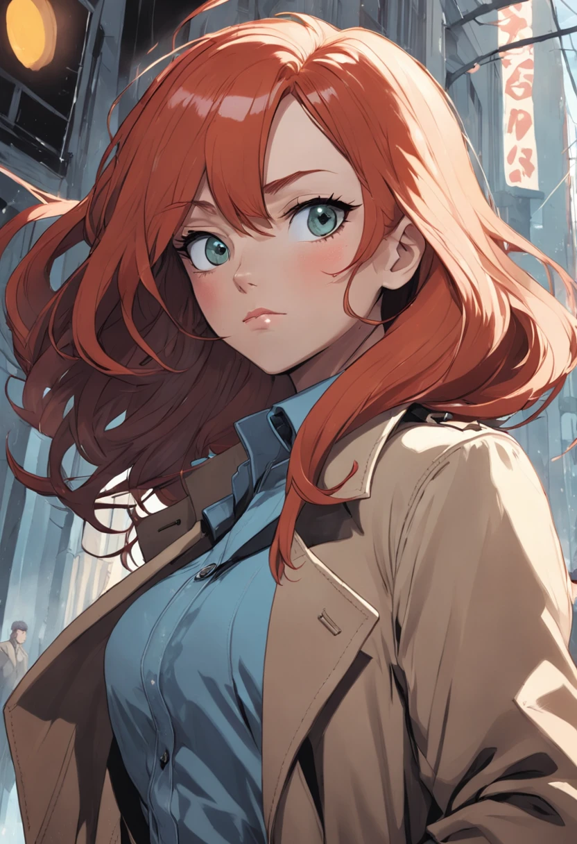 um close up de uma pessoa em um trench coat e jeans, arte oficial do personagem, official character illustration, adam hughes, Closeup da arte do personagem, pesquisadora do sexo feminino, Retrato de corpo inteiro de Jean Grey, arte detalhada do personagem, retrato detalhado do caractere, arte da capa dos quadrinhos de phil noto, Anya, Spy X Family, full-colour illustration, protagonista feminina, Dinah Drake, roupas de detetive