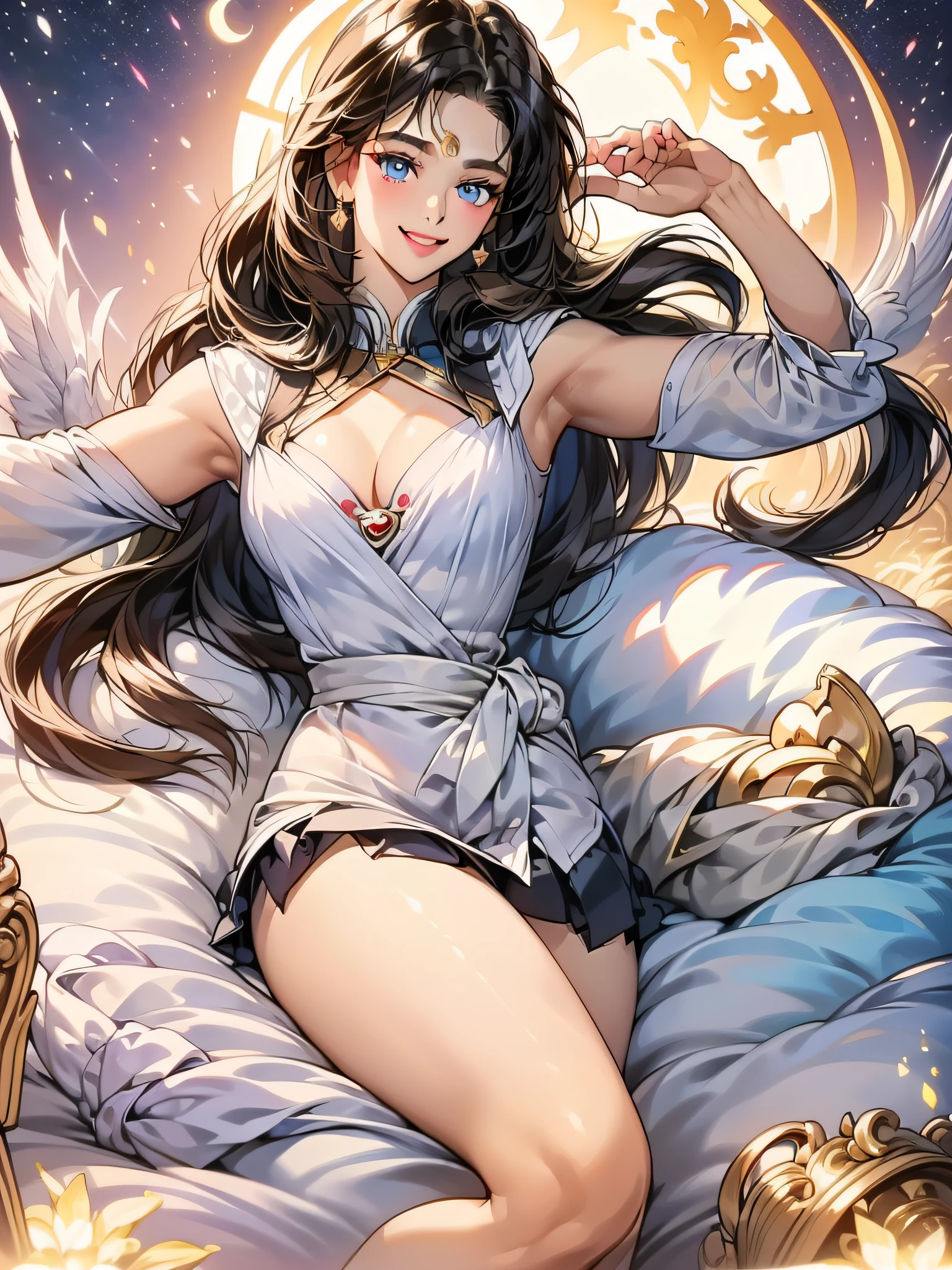 masterpiece、(Sailor Moon:1.2),ful:1.3、stands、8K、3D、realisitic、Ultra-micro photography、top-quality、Extreme Detail CG Unity 8K Wallpapers、frombelow、Sailor Senshi Uniform、meishaonv gun,intricate detailes、(1 female)、24 year old、(Blue Sailor Color,Bright blue pleated mini skirt:1.3、very large red bow in cleavage,:1.3、Red Latex Knee High Long Boots,Red gloves on the elbows,Long white latex gloves:1.3、very large red bow behind the waist,:1.1、cleavage looks bigger、a golden tiara、Crescent Earrings)、(supersailormoon mer1、tiarra、Bare upper arms,Sailor Senshi Uniform Sailor:1.2、sailormoon:1.2)、 Incredibly long bright twin-tailed blonde, Thin and very long straight twin-tailed blonde, Hair buns, Red big round hair ornament in a hair bun,latex suit, (seducting smile、Very cute face,Details of face:1.5、bright blue eyes、beautiful countenance、beautidful eyes、 shinny eyes、thin lipss:1.5、thin and sharp pale eyebrows,、long dark eyelashes、Double eyelashes)、Luxurious golden gemstones、(Extremely massive white wings)、thin, thin and muscular,、a small face、large full breasts、perfectly proportions、big breasts thin waist、Sexy Model Pose、Visible Pore、seducting smile、perfect hand:1.5、high-leg swimsuit、Very thin and fitting high gloss white holographic leather、octan render、highly dramatic picture、 (Lunar divinity,Space background、rays of moonlight、a moon、dynamic background、细致背景),Strong natural light、sunlights、exquisite lighting and shadow、dynamic ungle、Digital SLR、foco nítido:1.0、Maximum clarity and sharpness、