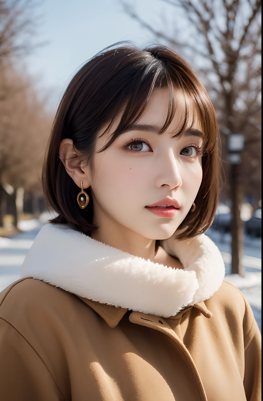 1 girl, bare_tree, brown_eyes, brown_hair, building, coat, cross_earrings, earrings, fur, fur trimmed_coat, fur_collar, fur_scarf, fur_trim, jewelry, lips, shorthair, looking_at_viewer, outdoors, snow, snow, solo, tree, upper_body, Winter, winter_clothes, detailed_eyes,Big breasts, arms close together, Chest facing camera, Big, Ears out, Golden ratio face, Golden ratio body, Best quality, Ultra high definition, Bangs