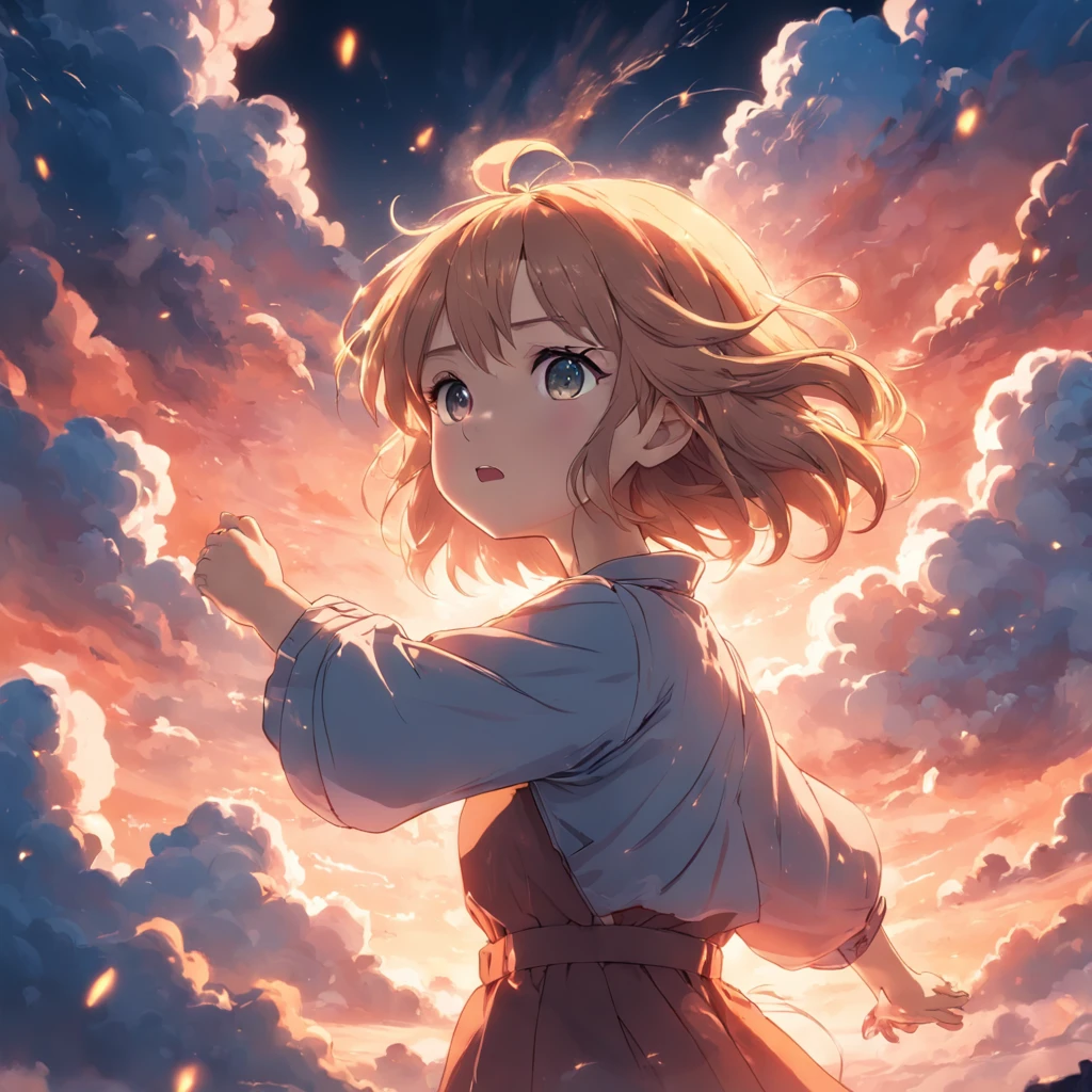 masterpiece, best quality, movie still, 1girl, cloud girl, floating in the sky, close-up, bright, happy, warm soft lighting, sunset, (sparks:0.7)