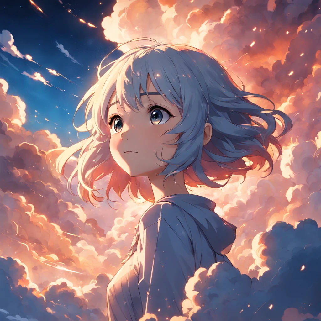 masterpiece, best quality, movie still, 1girl, cloud girl, floating in the sky, close-up, bright, happy, warm soft lighting, sunset, (sparks:0.7)