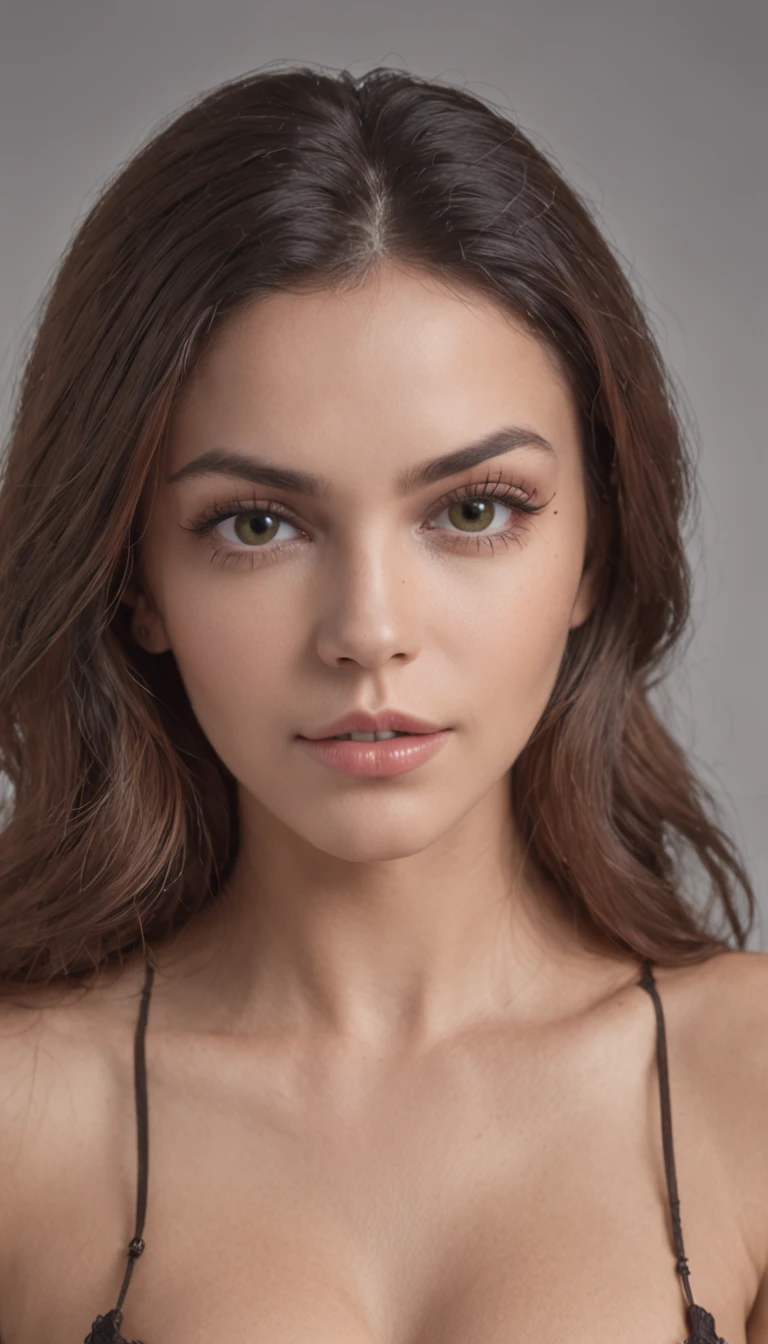 melhor qualidade, foto realista, 4k, linda garota morena, nsfw, olhos verdes, corpo completo, vista frontal, lingerie, rosto lindo perfeita, peito pequeno, pele clara,::n_feia, Mutations, ugly hands, texto,
