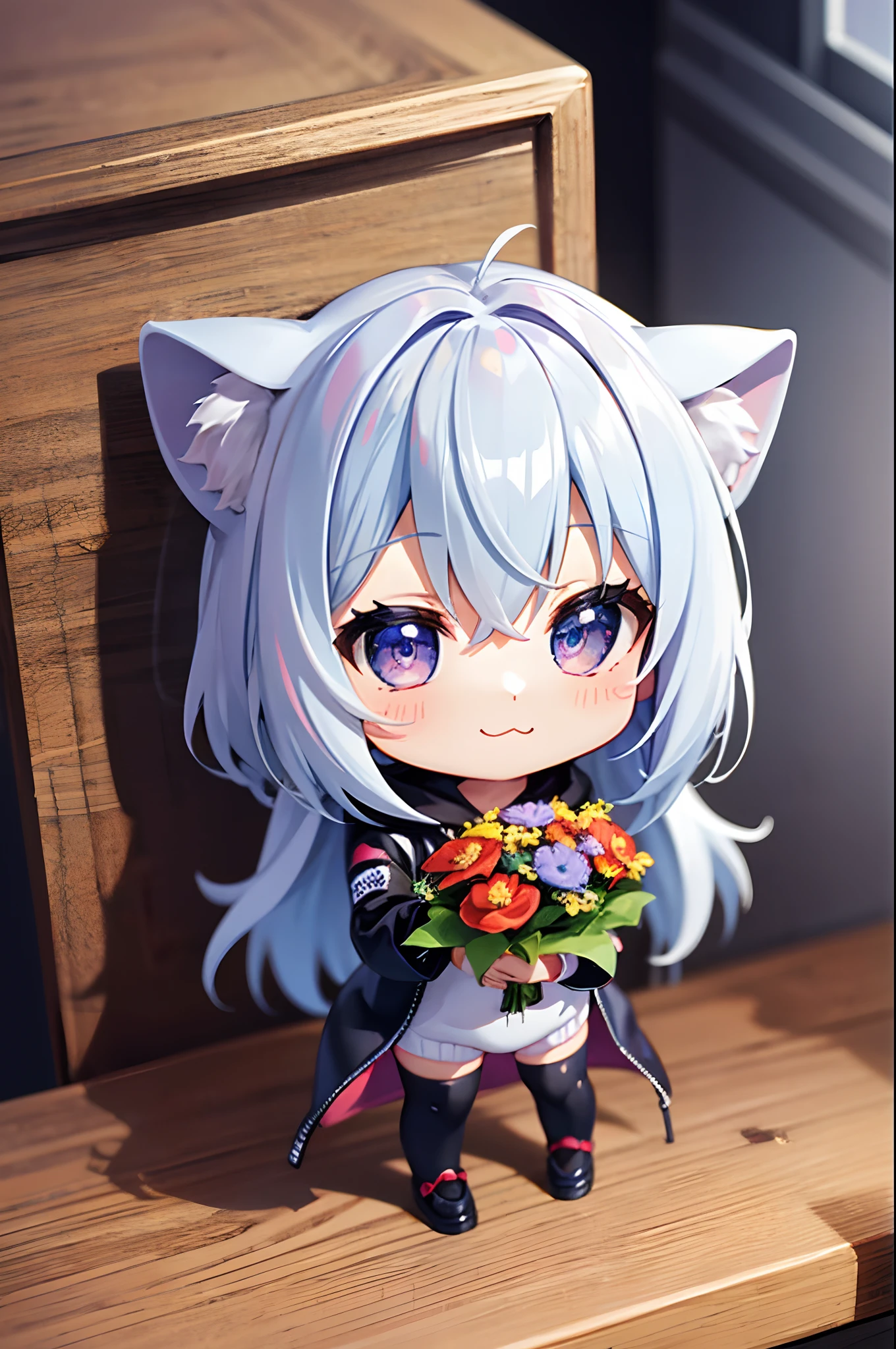 (Chibi: 1.3), happy, (holding a bouquet), full body, (Kigurumi), indoors, on the table, (Nendoroid:1.1),