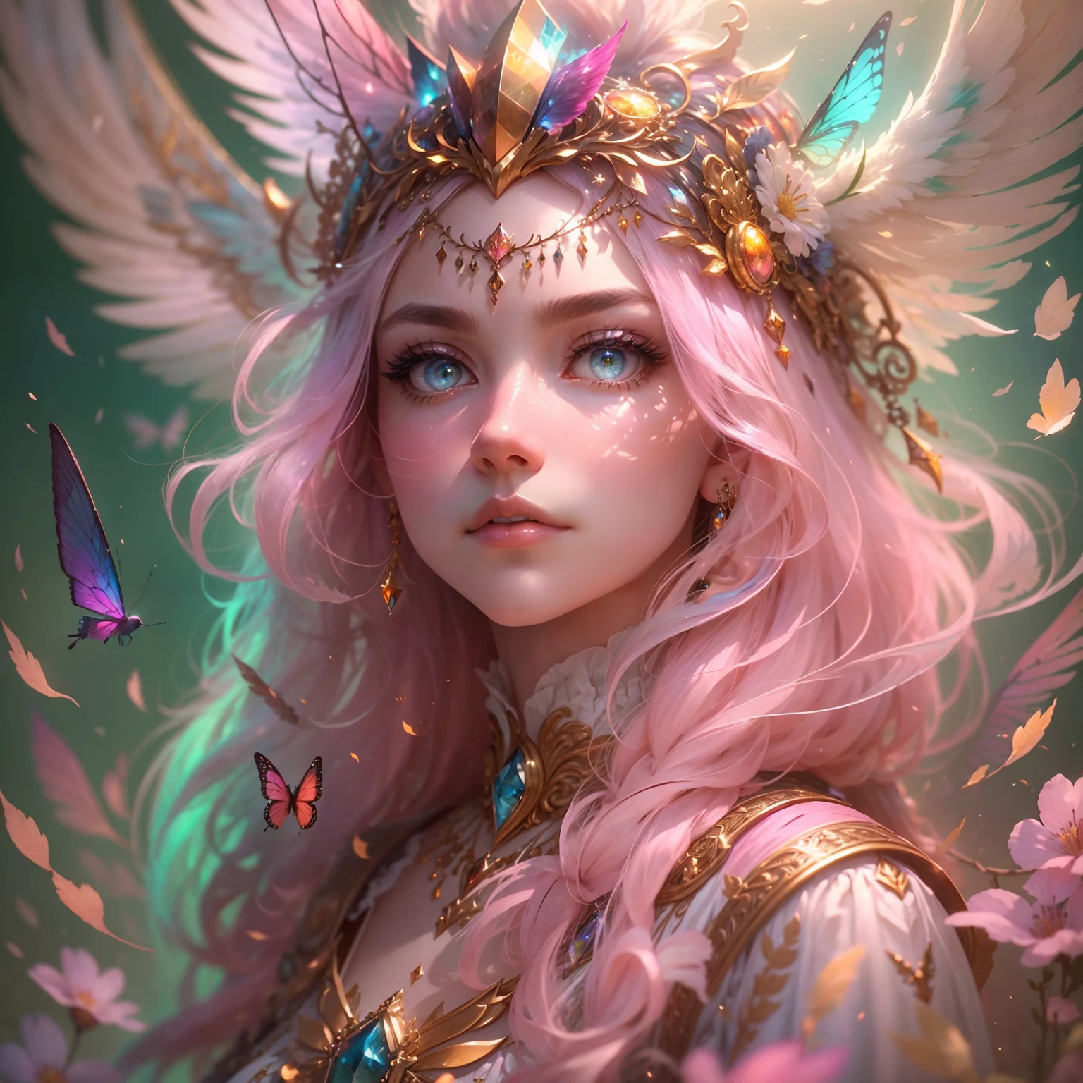 (((Masterpiece))), (((Best quality))), ((Ultra-detailed)),(Highly detailed CG illustration), ((An extremely delicate and beautiful)),Cinematic light, Create stunning fantasy artwork,Imitate the style of the currently popular genre masters. The artwork should contain elements of mythological fantasy and fairy tale fantasy,And with a colorful accent. ((Various shades of pink and watercolor pastels are used as the main color scheme.)) The character in the work is a delicate but strong petite character,Exudes an aura of mystery and magic. Pay close attention to intricate facial features, For example, captivating eyes with bright colors and bold shadows. The character's clothes should be designed with gossamer feathers, Silk, Amazing embroidery, and subtle iridescent details. Blend in dreamy colors, Dynamic lighting, and detailed background elements,Create a sense of awe and immersion. These include colorful flying magical birds and jewel-hued butterflies that exude magical halos. Consider the latest trends in fantasy art, such as incorporating unique lighting effects, Explore dynamic and compelling compositional techniques, And try a unique color palette. Take inspiration from top artists on ArtStation and Midjourney. camera: Choose an angle that highlights the beauty of the characters and enhances the magical majesty of the artwork. lighting: Create depth and atmosphere with atmospheric lighting technology. Resolution: Aim for high-resolution artwork,to showcase intricate detail and clarity. Artistic inspiration: Get inspiration from popular artists on ArtStation, Explore different styles, genre, and the theme.