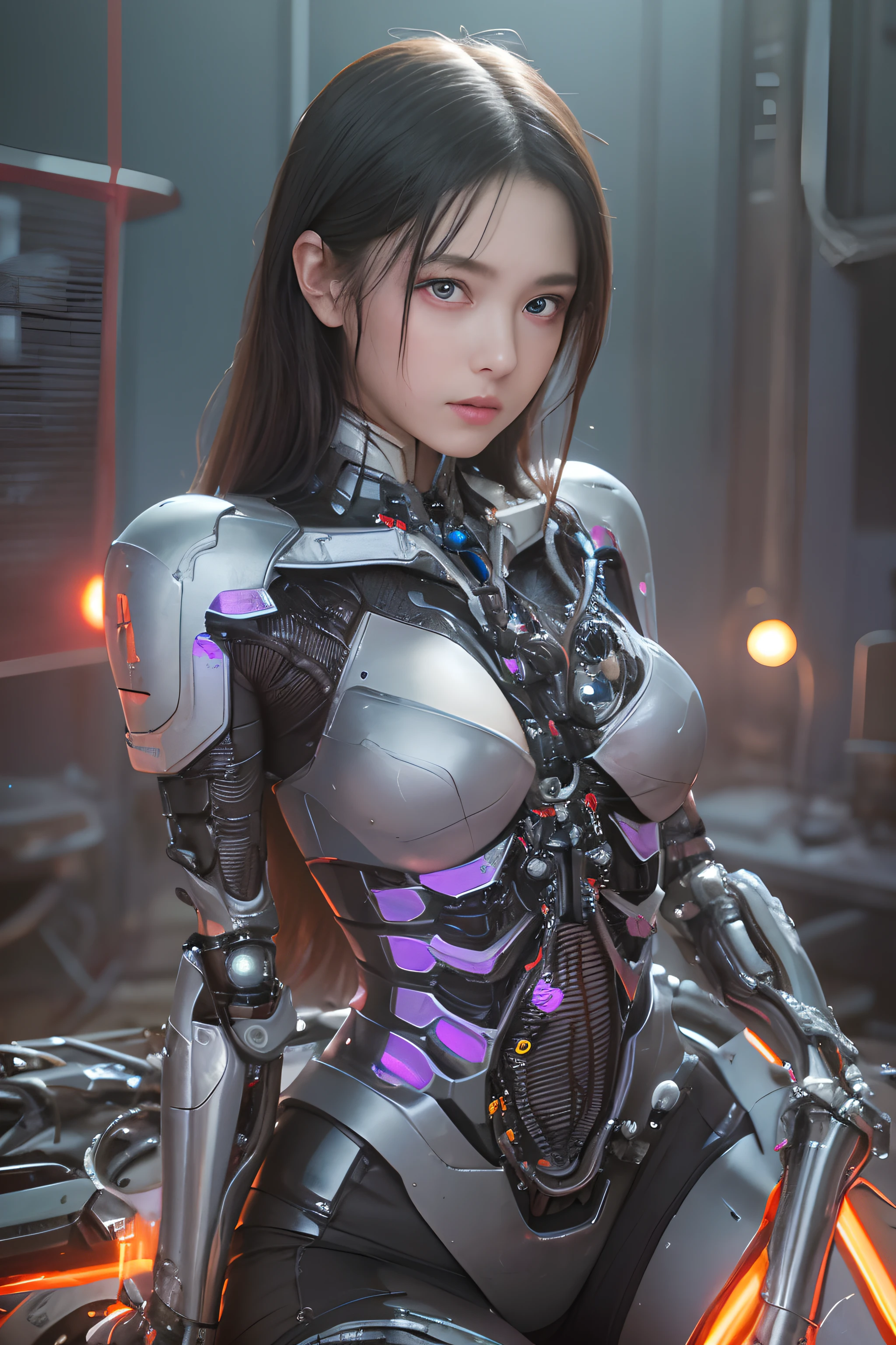 Top Quality, Masterpiece, Ultra High Resolution, (Photorealistic: 1.4), Raw Photo, 1 Girl, Black Hair, Glossy Skin, 1 Mechanical Girl, (Ultra Realistic Detail)), Portrait, Global Illumination, Shadows, Octane Rendering, 8K, Ultra Sharp, Big, Cleavage Exposed Raw Skin, Metal, Intricate Ornament Details, Japan Details, Very intricate details, realistic light, CGSoation trend, purple eyes, glowing eyes, facing the camera, neon details, mechanical limbs, blood vessels connected to the tube, mechanical vertebrae attached to the back, mechanical cervical attachment to the neck, sitting, wires and cables connecting to the head, gundam, small LED lamps,
