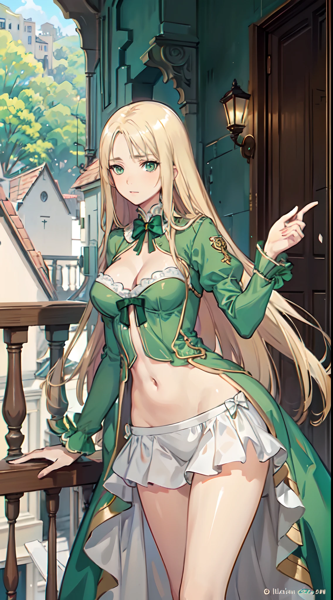 blonde hair, long hair, green eyes, green gown, short skirt, slim legs, navel, balcony, shacking, cleavage, bend over, blank eyes