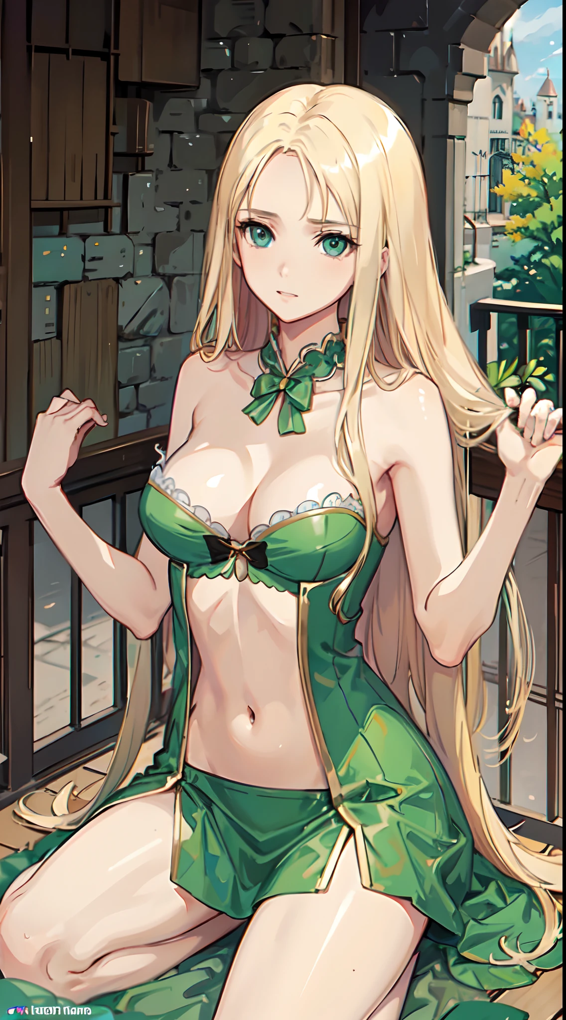 blonde hair, long hair, green eyes, green gown, short skirt, slim legs, navel, balcony, shacking, cleavage, bend over, blank eyes