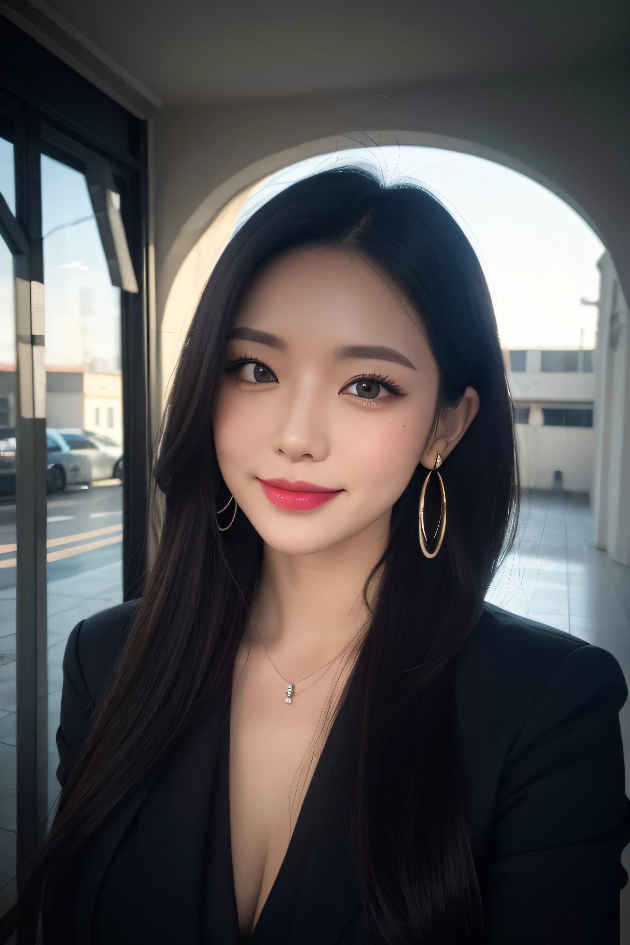 black hair, hair bobbles, longeyelashes, solid circle eyes, light smile, mole under eye, heart earrings, light smile, shy, puckered lips, Surrealism, drop shadow, stereogram, pov, atmospheric perspective, depth of field, first-person view, f/1.8, 8k, super detail, ccurate, best quality, highres, best quality,full body