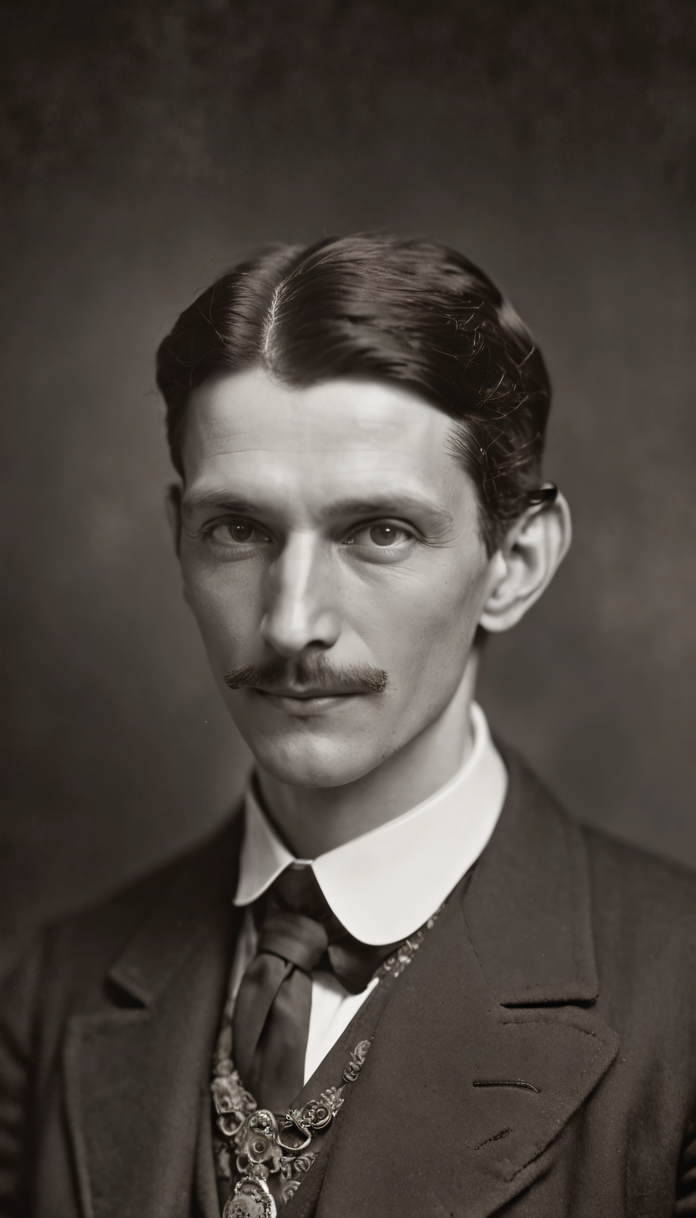 A man, photo portrait (Nikola Tesla), 30 years old, slight smile, dreamy look, surrounded by holograms of mathematical formulas, stars and galaxies in the background, 30s dress, detailed scene, exact anatomy, exact face, dark environment.