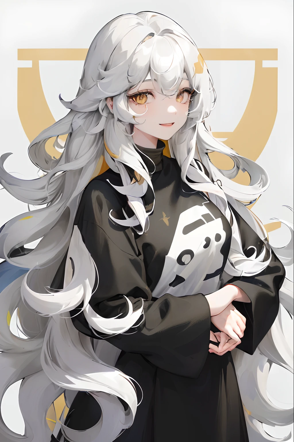 1woman, ((long wavy hair)), ((half of her hair is white and the other half of her hair is black split into two colors)), swept bangs, ((golden eyes)), smile, modern clothes