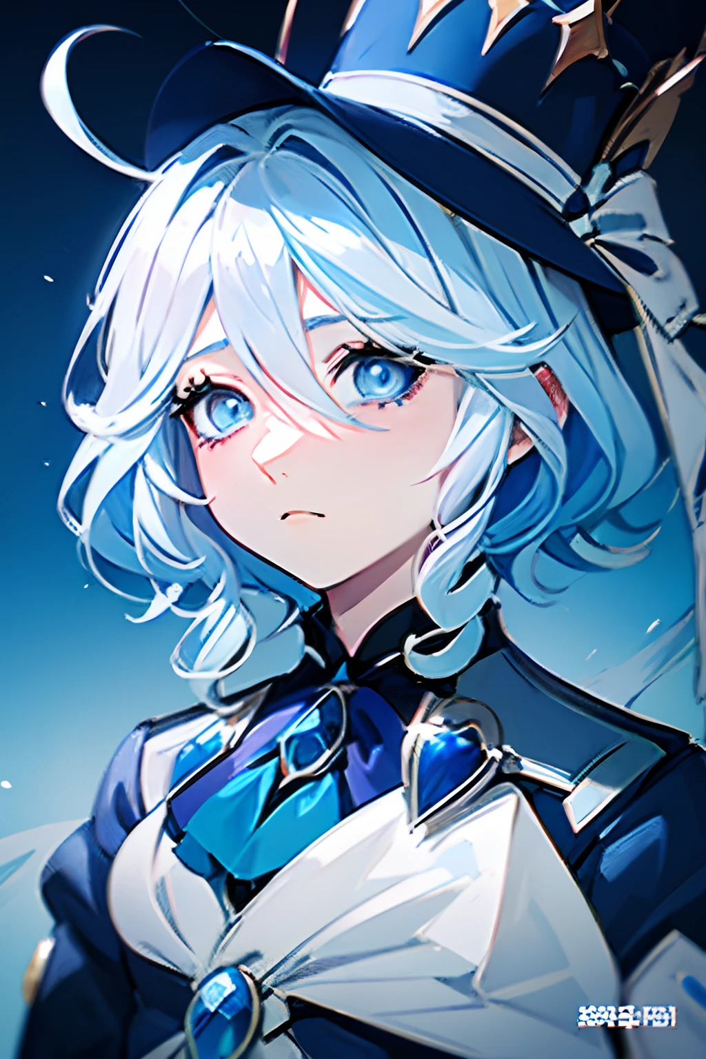 Anime girl with white hair in blue hat and blue coat, freezing blue skin, with blue skin, bluish face, highly detailed exquisite fanart, zerochan art, sad cerulean eyes, 2 d anime style, detailed fan art, an anime portrait of cirno, 2D Anime, Cool Shading, by Kamagurka, Azure. detailed hairs