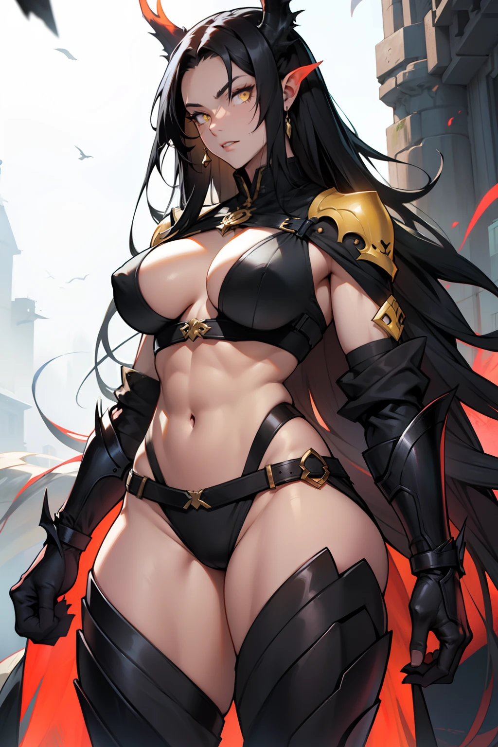 black hair, extremely long hair, yellow eyes, pale skin, muscular, large breasts, thick thighs, mad, dragon, 1 girl