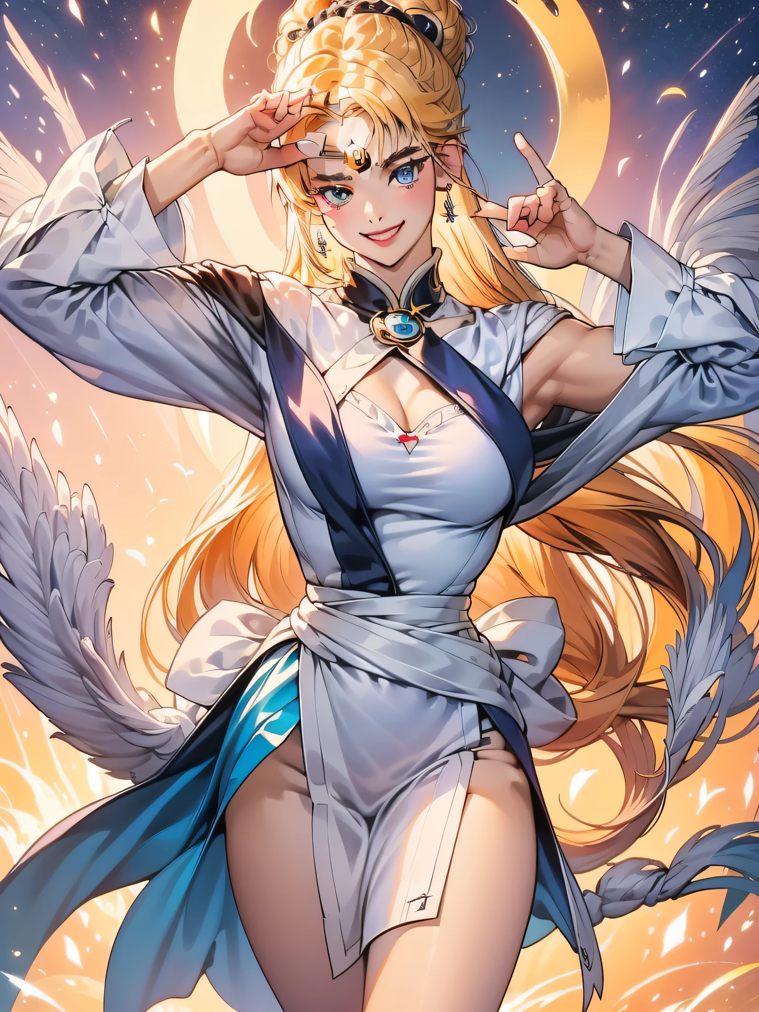 masterpiece、(Sailor Moon:1.2),ful:1.3、stands、8K、3D、realisitic、Ultra-micro photography、top-quality、Extreme Detail CG Unity 8K Wallpapers、frombelow、Sailor Senshi Uniform、meishaonv gun,intricate detailes、(1 female)、24 year old、(Blue Sailor Color,Bright blue pleated mini skirt:1.3、very large red bow in cleavage,:1.3、Red Latex Knee High Long Boots,Red gloves on the elbows,Long white latex gloves:1.3、very large red bow behind the waist,:1.1、cleavage looks bigger、a golden tiara、Crescent Earrings)、(supersailormoon mer1、tiarra、Bare upper arms,Sailor Senshi Uniform Sailor:1.2、sailormoon:1.2)、 Incredibly long bright twin-tailed blonde, Thin and very long straight twin-tailed blonde, Hair buns, Red big round hair ornament in a hair bun,latex suit, (seducting smile、Very cute face,Details of face:1.5、bright blue eyes、beautiful countenance、beautidful eyes、 shinny eyes、thin lipss:1.5、thin and sharp pale eyebrows,、long dark eyelashes、Double eyelashes)、Luxurious golden gemstones、(Extremely massive white wings)、thin, thin and muscular,、a small face、large full breasts、perfectly proportions、big breasts thin waist、Sexy Model Pose、Visible Pore、seducting smile、perfect hand:1.5、high-leg swimsuit、Very thin and fitting high gloss white holographic leather、octan render、highly dramatic picture、 (Lunar divinity,Space background、rays of moonlight、a moon、dynamic background、细致背景),Strong natural light、sunlights、exquisite lighting and shadow、dynamic ungle、Digital SLR、foco nítido:1.0、Maximum clarity and sharpness、