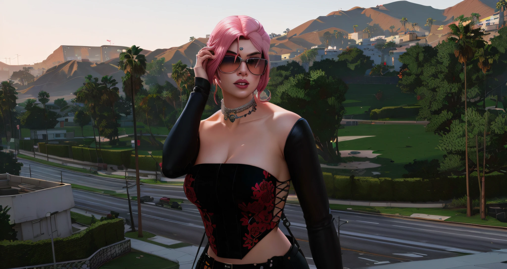 tirar o oculos da personagem de gta v e dar mais nitidez para a personagem com o cabelo rosa, sem tatuagem na testa