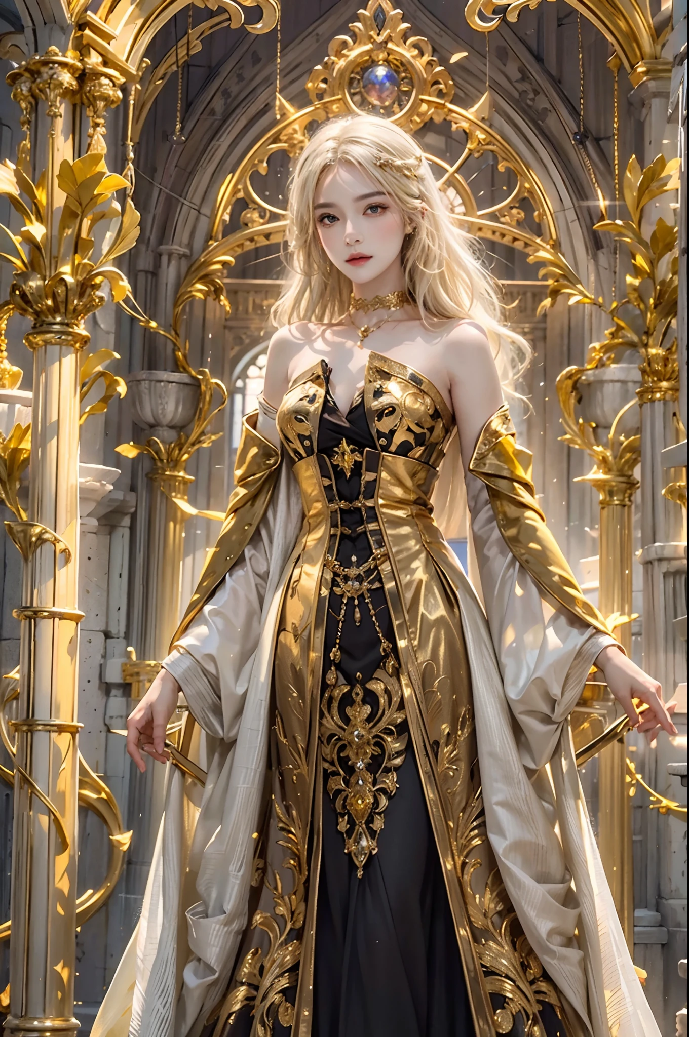 ultra detailed 8k cg,intricate detail,delicate patern,jewelry,gem,gold,golden,gold theme,shiny,glint,sparkle,blonde hair,yellow cloak,yellow eyes,rich,prestige,gothic architecture,(topless:1.1),