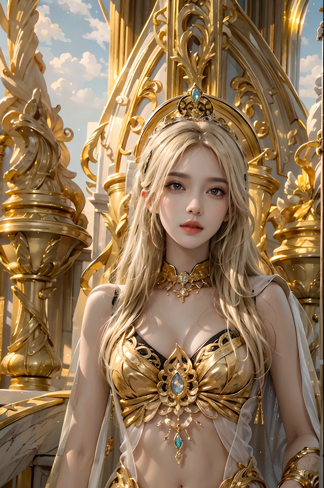 ultra detailed 8k cg,intricate detail,delicate patern,jewelry,gem,gold,golden,gold theme,shiny,glint,sparkle,blonde hair,yellow cloak,yellow eyes,rich,prestige,gothic architecture,(topless:1.1),