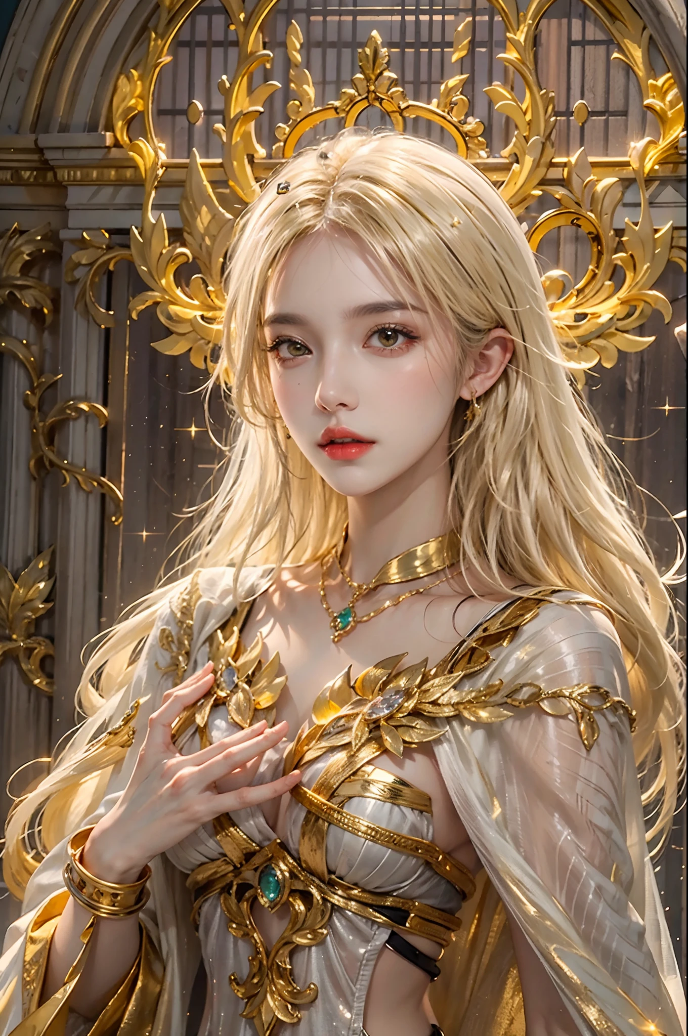 ultra detailed 8k cg,intricate detail,delicate patern,jewelry,gem,gold,golden,gold theme,shiny,glint,sparkle,blonde hair,yellow cloak,yellow eyes,rich,prestige,gothic architecture,(topless:1.1),