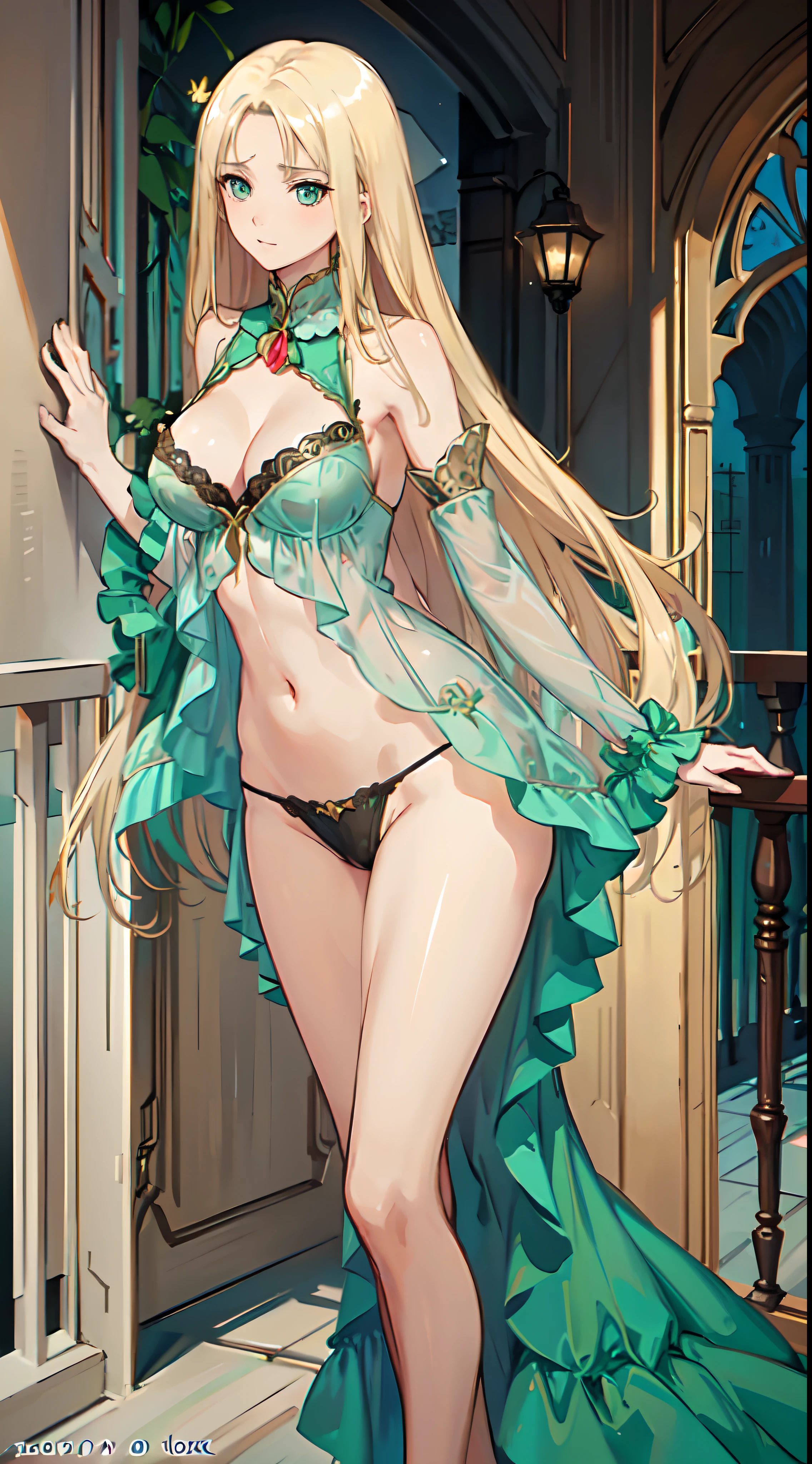 blonde hair, long hair, green eyes, green gown, short skirt, slim legs, navel, balcony, shacking, cleavage, bend over, blank eyes