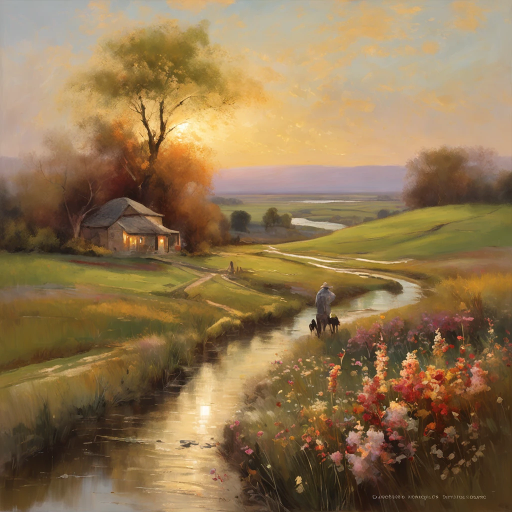 "Classic painting of a serene countryside landscape, capturing the essence of a bygone era with its timeless beauty and charm. Soft brushstrokes, warm color palette, and meticulous attention to detail bring this picturesque scene to life. A solitary figure strolling along a winding path, surrounded by lush green fields, blooming flowers, and a tranquil river that reflects the golden hues of a setting sun. The air is filled with a sense of tranquility and nostalgia, evoking a feeling of wanderlust and the allure of simpler times."