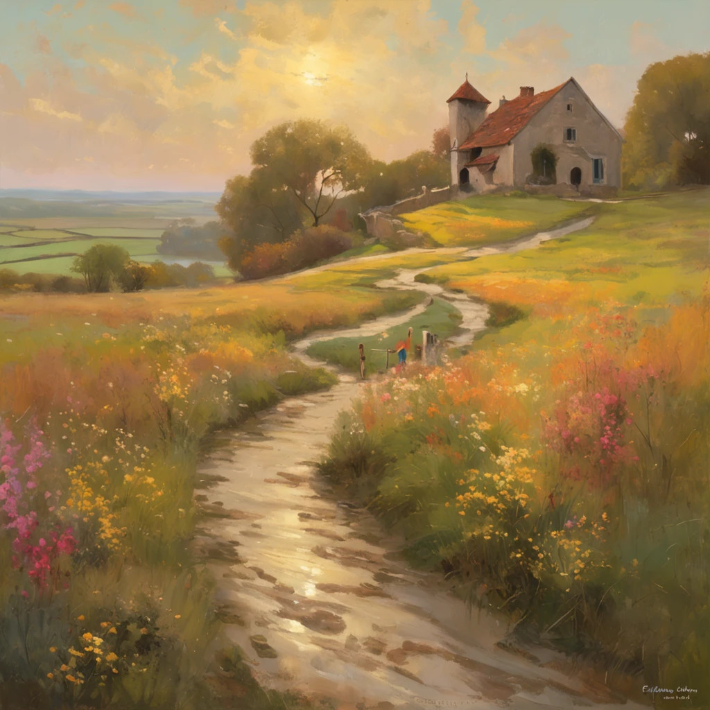 "Classic painting of a serene countryside landscape, capturing the essence of a bygone era with its timeless beauty and charm. Soft brushstrokes, warm color palette, and meticulous attention to detail bring this picturesque scene to life. A solitary figure strolling along a winding path, surrounded by lush green fields, blooming flowers, and a tranquil river that reflects the golden hues of a setting sun. The air is filled with a sense of tranquility and nostalgia, evoking a feeling of wanderlust and the allure of simpler times."