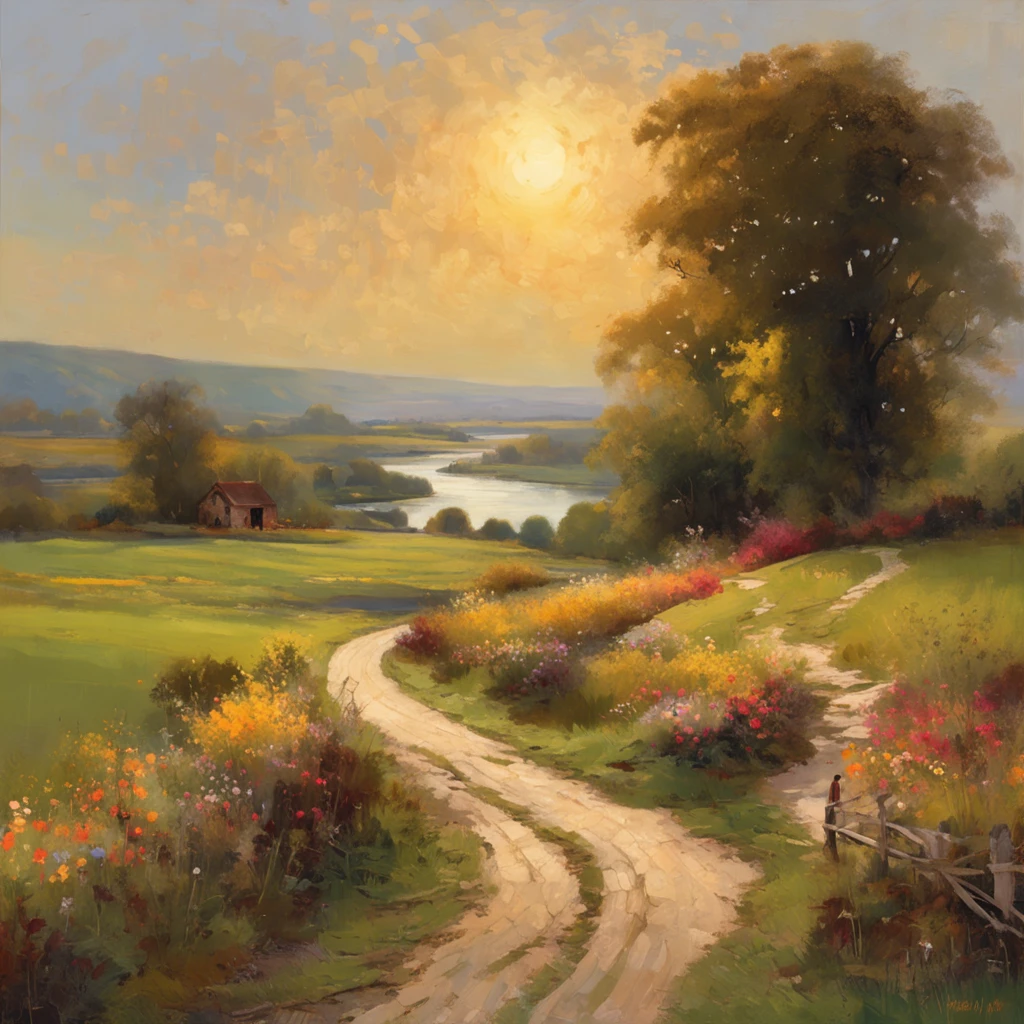 "Classic painting of a serene countryside landscape, capturing the essence of a bygone era with its timeless beauty and charm. Soft brushstrokes, warm color palette, and meticulous attention to detail bring this picturesque scene to life. A solitary figure strolling along a winding path, surrounded by lush green fields, blooming flowers, and a tranquil river that reflects the golden hues of a setting sun. The air is filled with a sense of tranquility and nostalgia, evoking a feeling of wanderlust and the allure of simpler times."