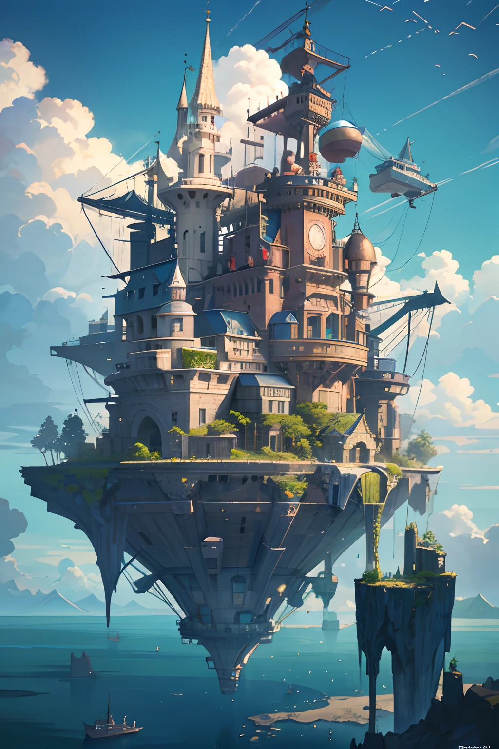 Many islands are suspended in the air with many small airships flying around, cities, fantasy, magical plants growing, extreme details, realistic light, epic composition, (complex details), (complex design, ultra-details :1.2), Art Station, (Masterpiece, Best Quality), Ultra HD, 32k --v 6