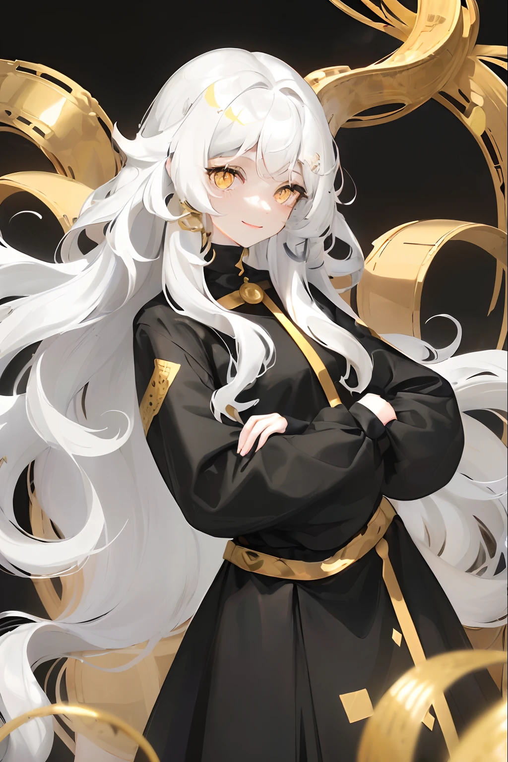 1woman, ((long wavy hair)), ((half of her hair is white and the other half of her hair is black split into two colors)), swept bangs, ((golden eyes)), smile, modern clothes