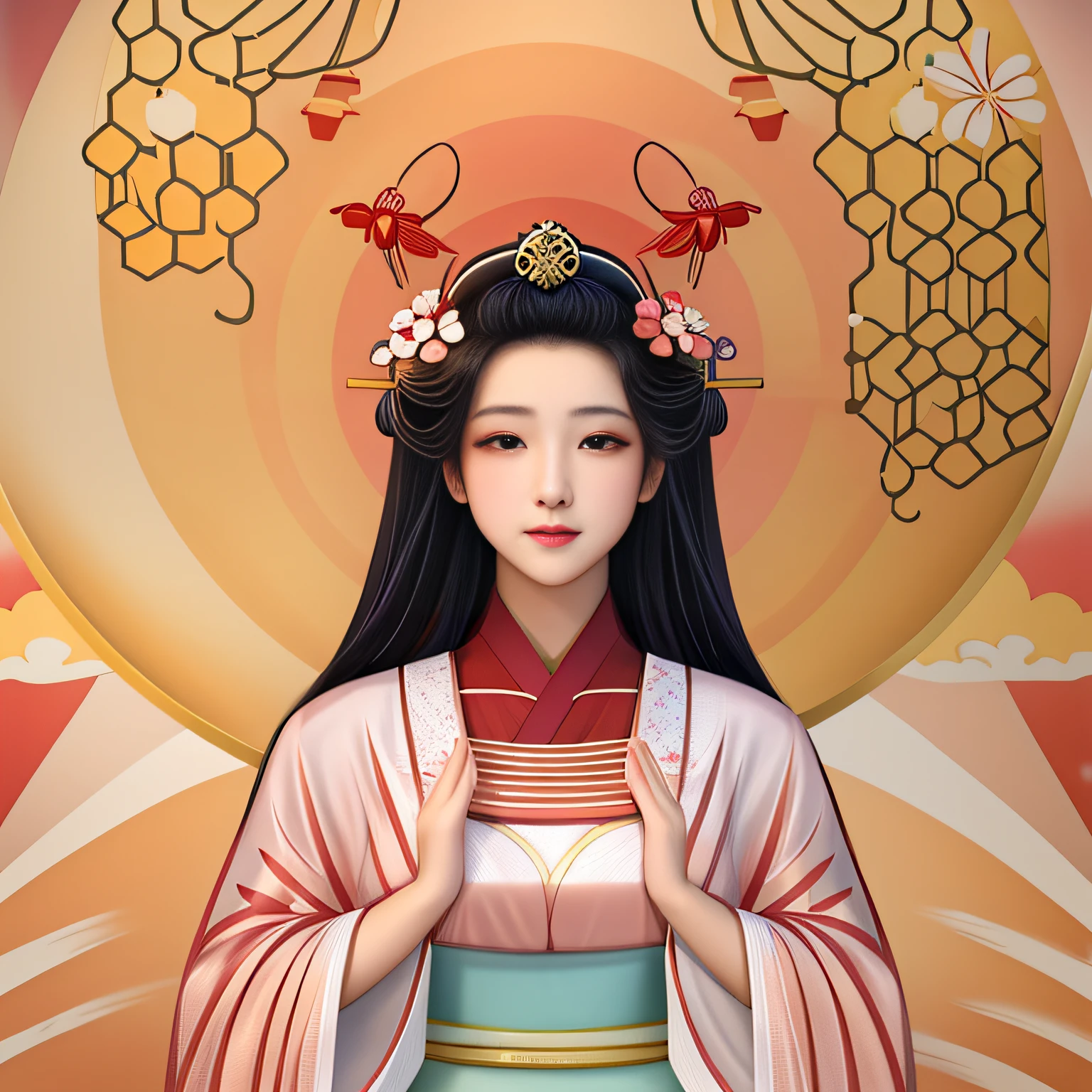 There is a woman in a kimono dress with a flower in her hair, Deusa chinesa antiga, Princesa chinesa antiga, Imperatriz chinesa, uma bela imperatriz fantasia, Princesa chinesa, Deusa japonesa, Belezas chinesas antigas, Princess of the Ancient Asian Dynasty, a beautiful artwork illustration, palace ， Uma menina em Hanfu, inspirado em Yun Du-seo, Gueixa da beleza, Estilo de arte antiga da China.