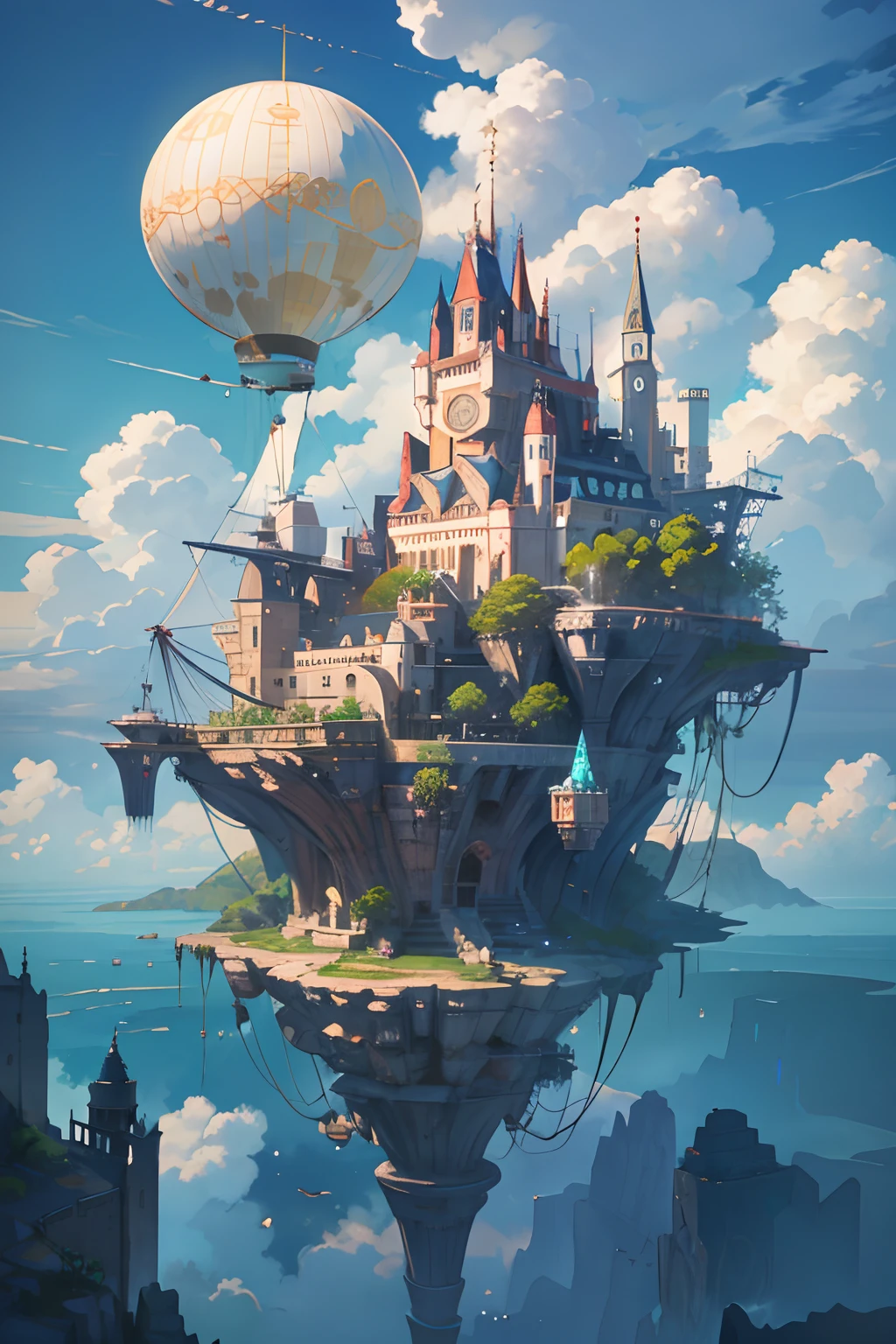 Many islands are suspended in the air with many small airships flying around, cities, fantasy, magical plants growing, extreme details, realistic light, epic composition, (complex details), (complex design, ultra-details :1.2), Art Station, (Masterpiece, Best Quality), Ultra HD, 32k --v 6