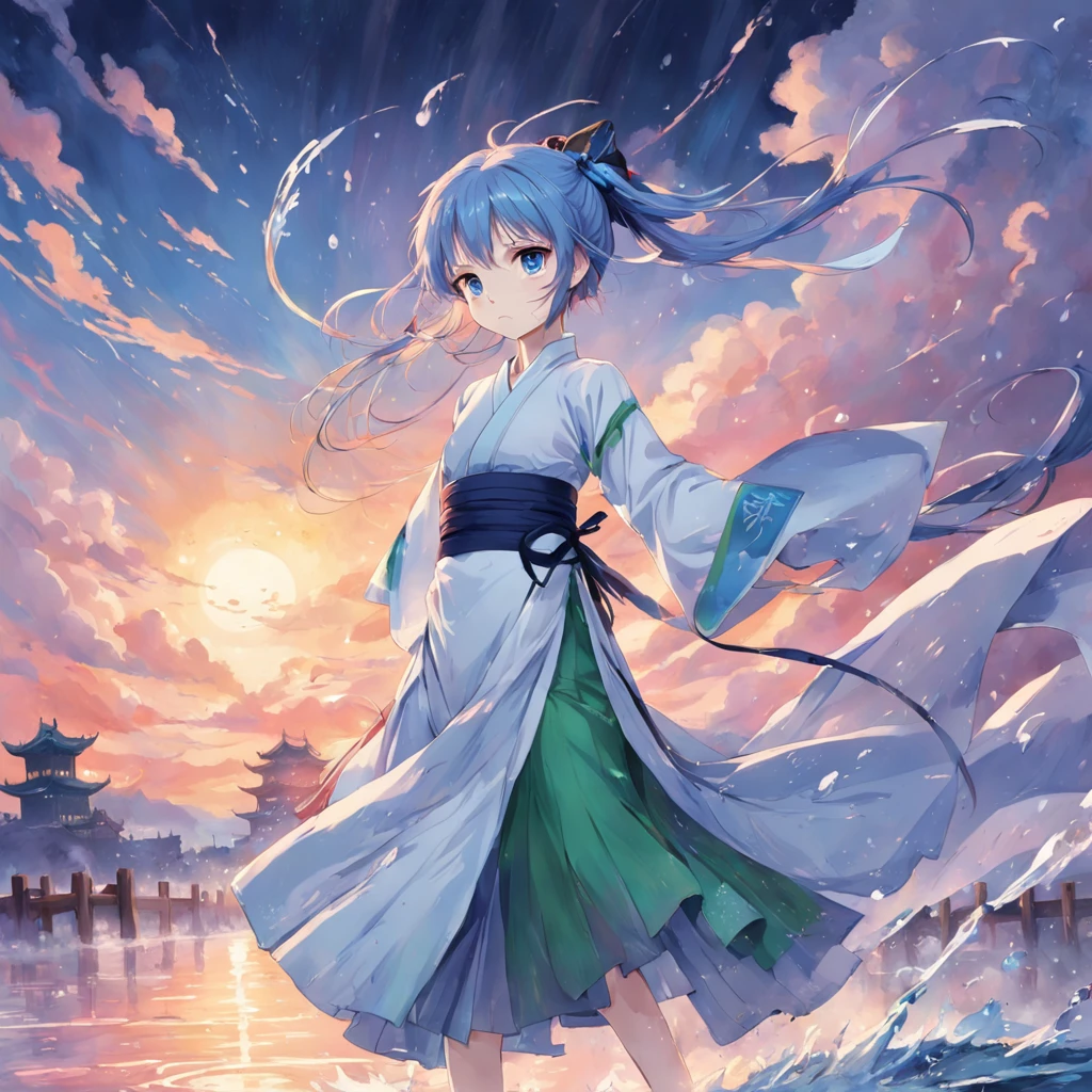 "Cinematic Anime: A visually stunning masterpiece with the best quality and attention to detail. Emphasize dynamic angles and poses, with a focus on a single girl. Imagine piercing blue eyes and a captivating expression. Experiment with multicolored hair such as silver, red, purple, yellow, and green, each with their own unique charm. Dress her in elegant white wuxia clothing with a delicate neck ribbon. Create a scene where drops of water float in the air, under a twilight sky with clouds. Give it a watercolor-like touch and capture the beauty of a wide shot. Let your imagination soar!"
