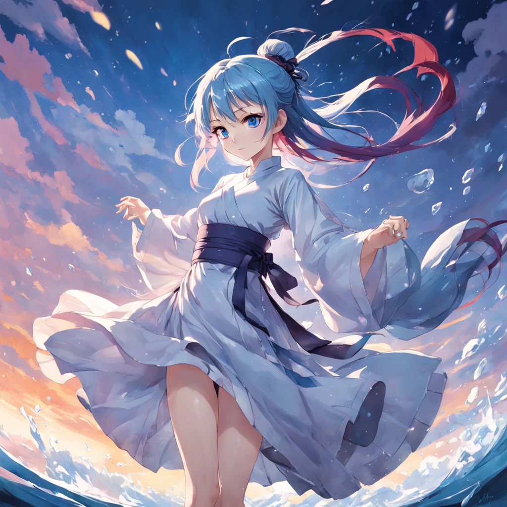 "Cinematic Anime: A visually stunning masterpiece with the best quality and attention to detail. Emphasize dynamic angles and poses, with a focus on a single girl. Imagine piercing blue eyes and a captivating expression. Experiment with multicolored hair such as silver, red, purple, yellow, and green, each with their own unique charm. Dress her in elegant white wuxia clothing with a delicate neck ribbon. Create a scene where drops of water float in the air, under a twilight sky with clouds. Give it a watercolor-like touch and capture the beauty of a wide shot. Let your imagination soar!"
