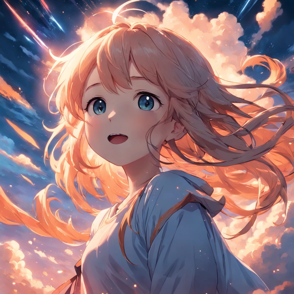 masterpiece, best quality, movie still, 1girl, cloud girl, floating in the sky, close-up, bright, happy, warm soft lighting, sunset, (sparks:0.7)