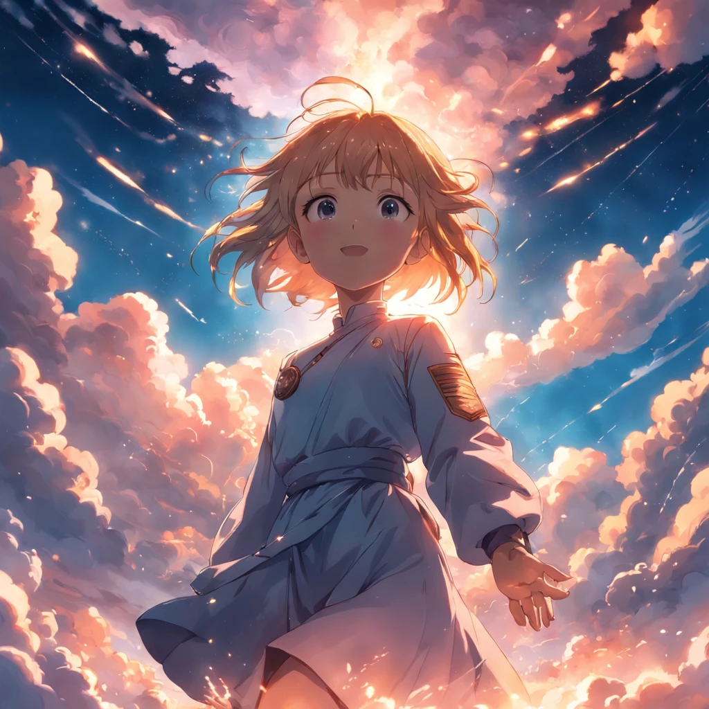 masterpiece, best quality, movie still, 1girl, cloud girl, floating in the sky, close-up, bright, happy, warm soft lighting, sunset, (sparks:0.7)