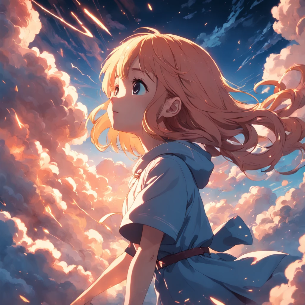 masterpiece, best quality, movie still, 1girl, cloud girl, floating in the sky, close-up, bright, happy, warm soft lighting, sunset, (sparks:0.7)