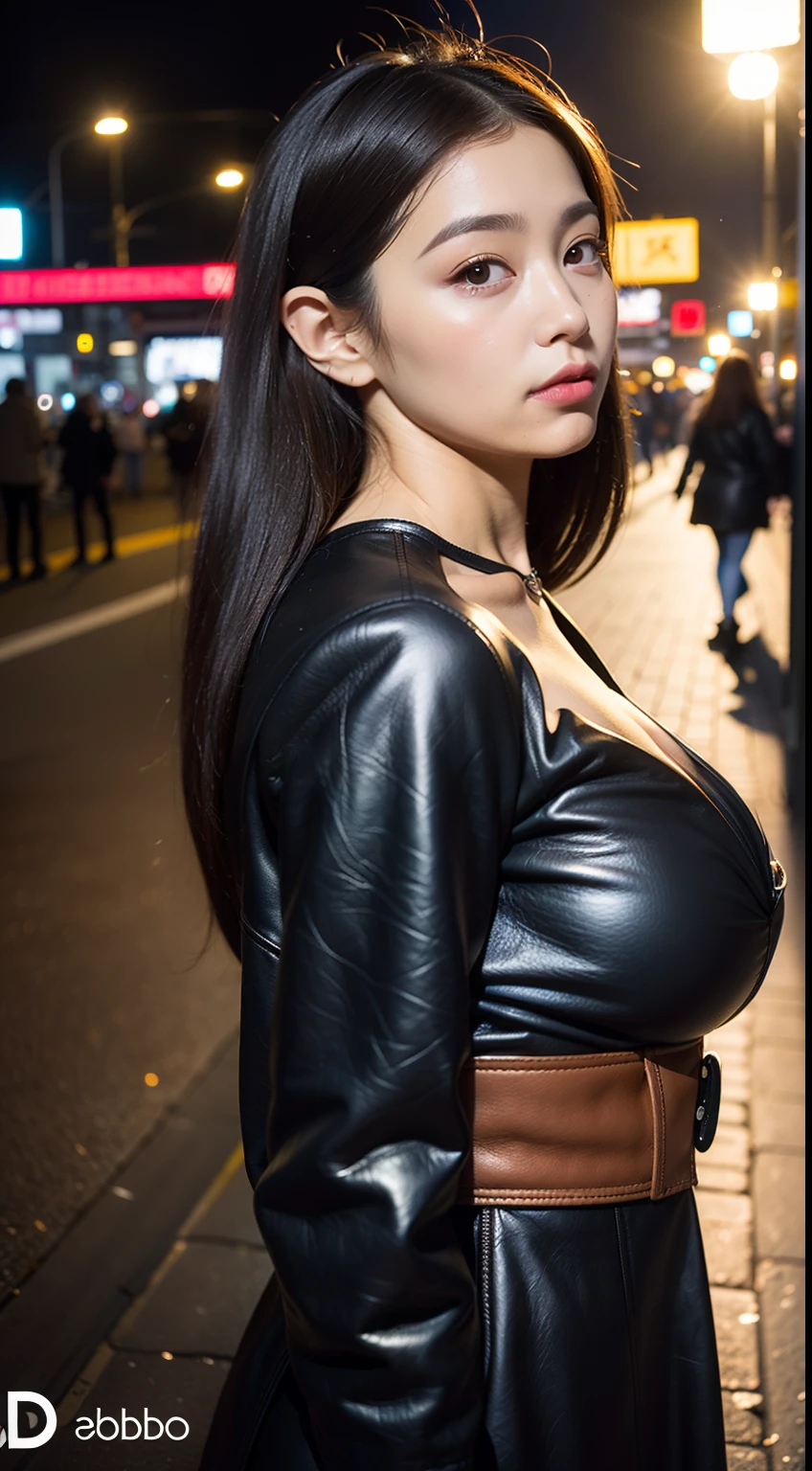 ​masterpiece, top-quality, 超A high resolution, (Photorealsitic:1.4), 32K,beautiful  lighting,profetional lighting,Raw photography, 8K UHD, A detailed face, A detailed eye,Detailed eyes,Symmetrical eyes,Good balance between the left and right eyes,no-makeup:1.5,Baby Faced Girl,Cute  s,18year old,(((cabelos preto e longos,One-length,with round face,a baby face,Young Face, Narrow eyebrows,round upturned nose,Letter to))), (((［Tight long dress that sticks to the body,deep v neck、Wear a leather jacket in layers］,This is a common-sense configuration,Not erotic))),(Sensual body lines:1.5 Big Tits:1.5,Big buttocks:1.3,Thicker thighs,bbw:1.6,Thick body line),((sideboob barbosa:1.3)),Late night street corner,Night view of the city, longshot,Facing backwards、Looks Back
