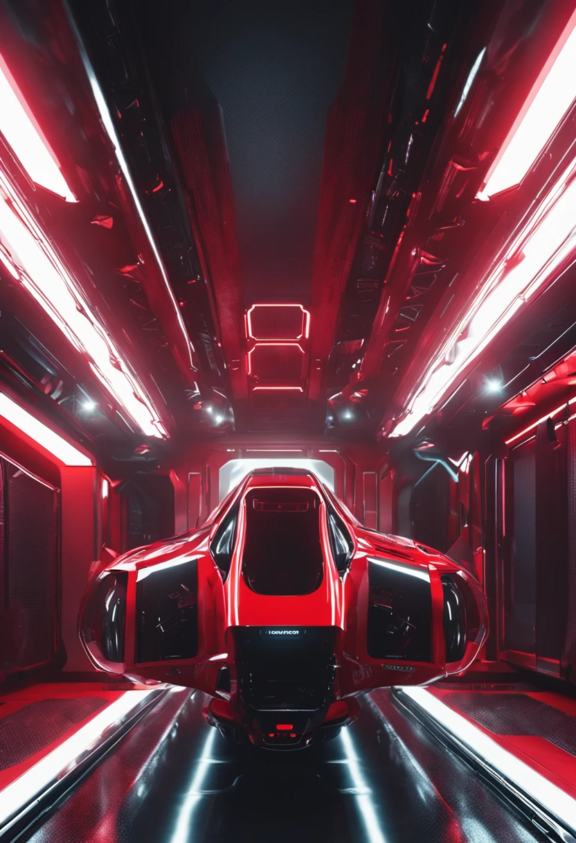 nave espacial vermelha com branco e preto, tecnologia futurista, glowing neon lighting, Realistic details and vivid textures.